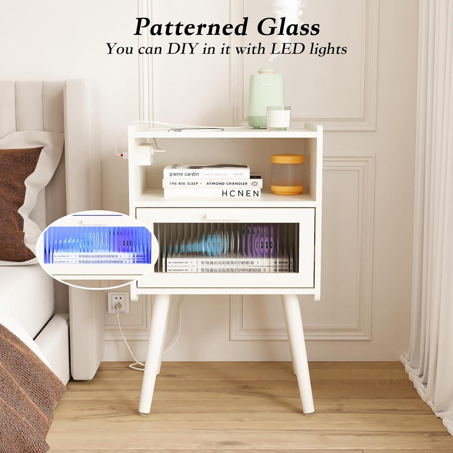 Mid Century Modern Nightstand with Charging Station, Bedside Tables with Glass Drawer, End Table Side Table with 2 Tiers Storage Space, for Bedroom, Living Room, White