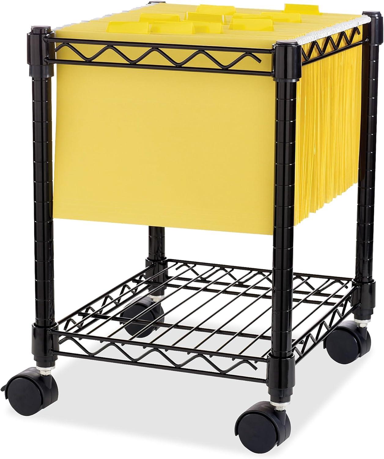 Black Metal Mobile Wire Filing Cart with Storage Shelf