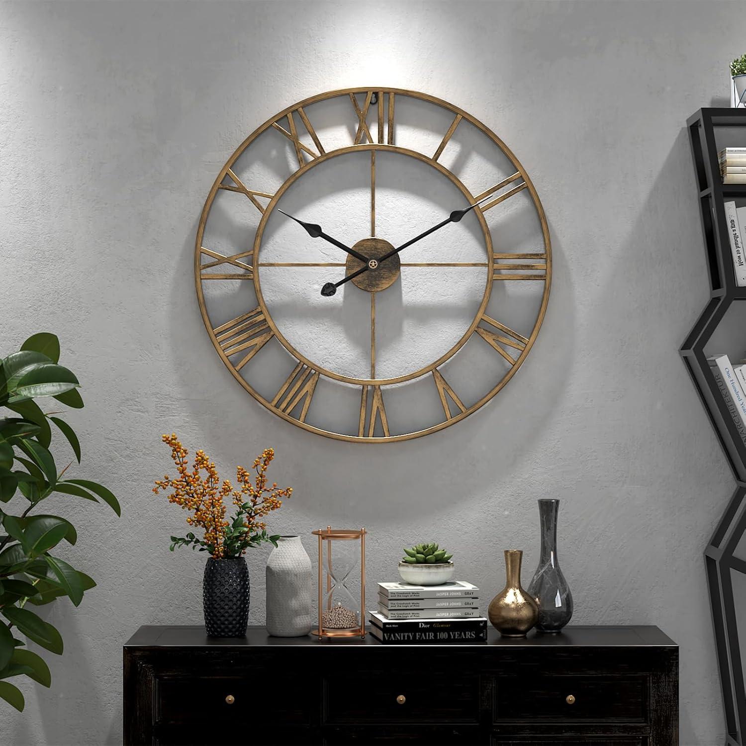 Oversized Gold Metal Roman Numeral Wall Clock