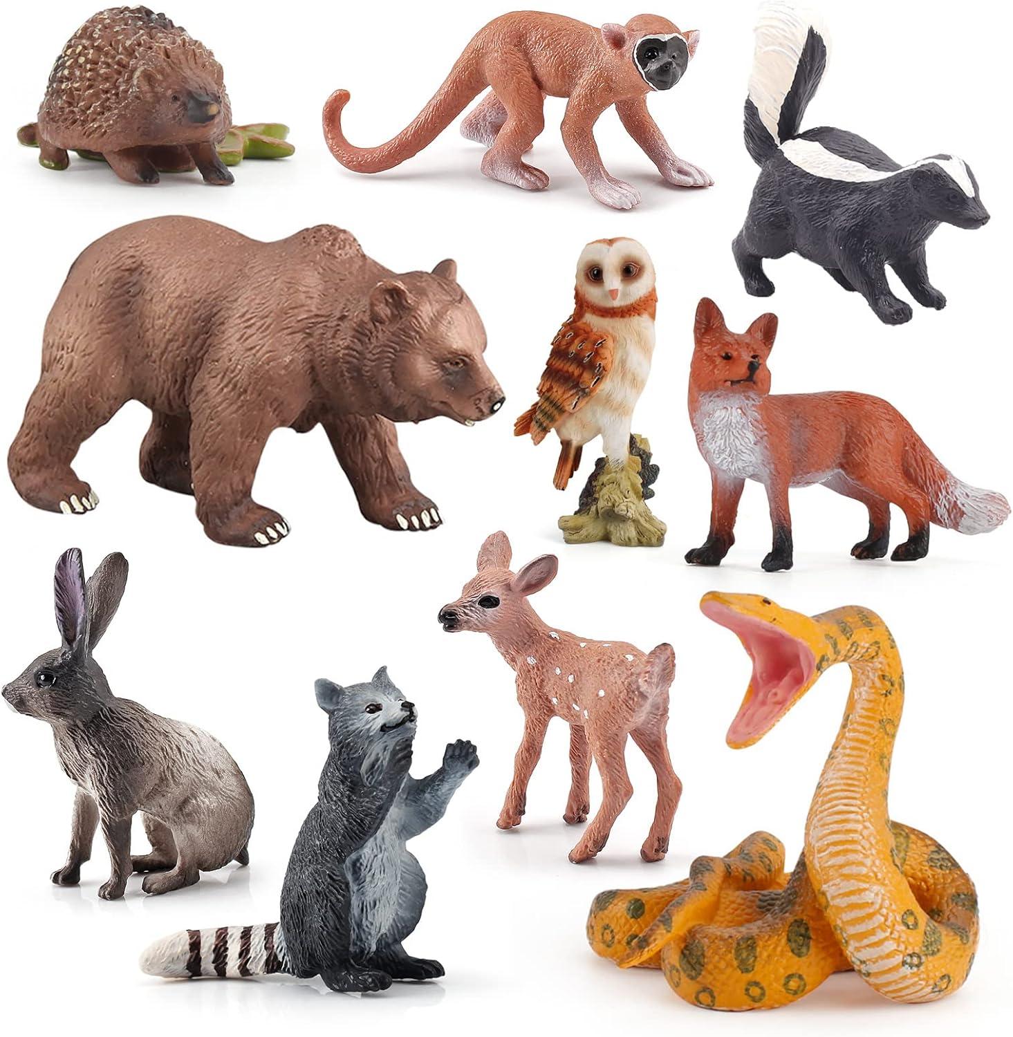 Forest Animal Figure Realistic Playset 10PCS Woodland Animal Figurines Toys Set Cake Toppers School Project Diorama Model Toy for Kids Fox Figurine Deer Figurine