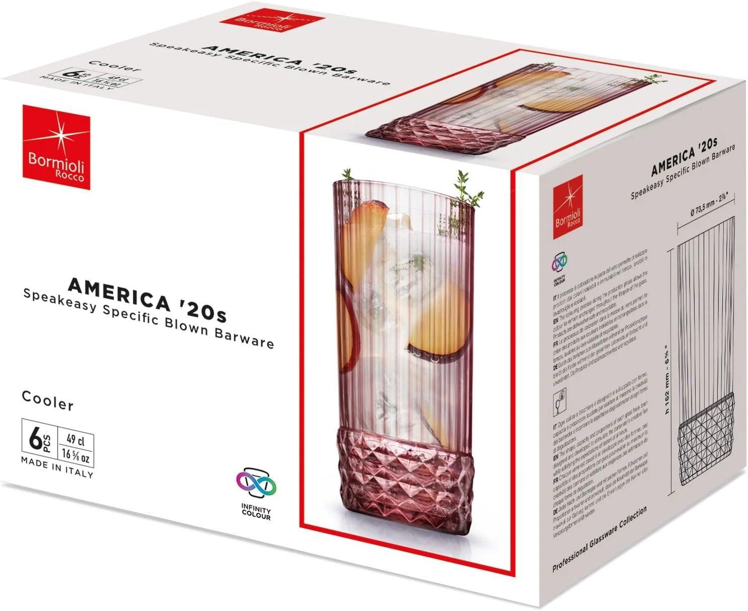 Bormioli Rocco America '20s Lilac Rose Cooler Glasses, Set of 6 - Made in Italy Tainted Crystal Glass - 16.5 oz