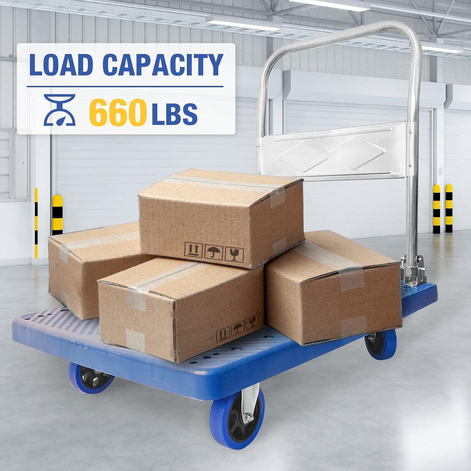 Push Cart Dolly 660 lbs. Capacity Platform Truck Foldable Platform Cart Upgraded Heavy Duty Moving Cart with PU Wheels for Home Garden Warehouse Garage Workshops