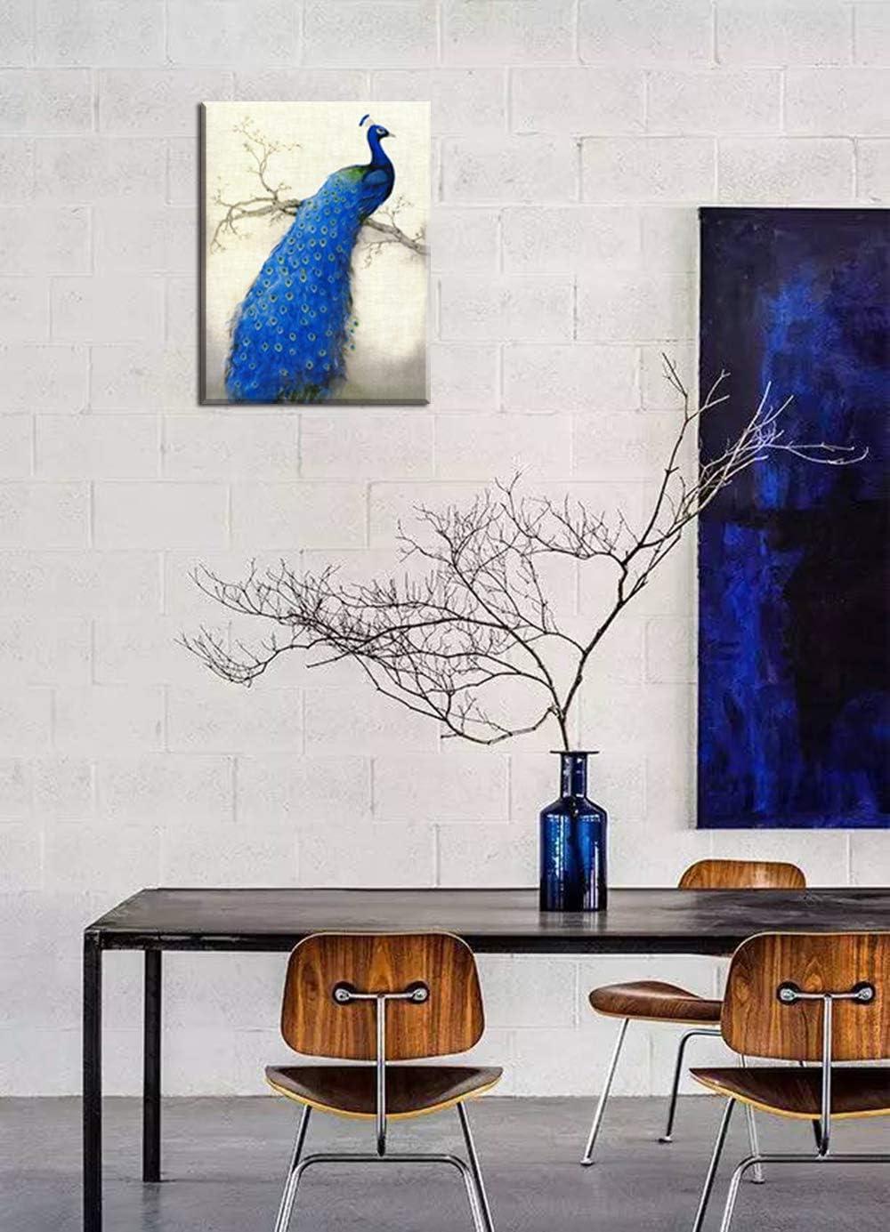 Peacock Wall Art Decor for Bedroom, PIY Beautiful Oil Painting Canvas Prints, Elegant Proud Peacock on Beige Pictures (Waterproof Artwork, Ready to Hang, 16x12)