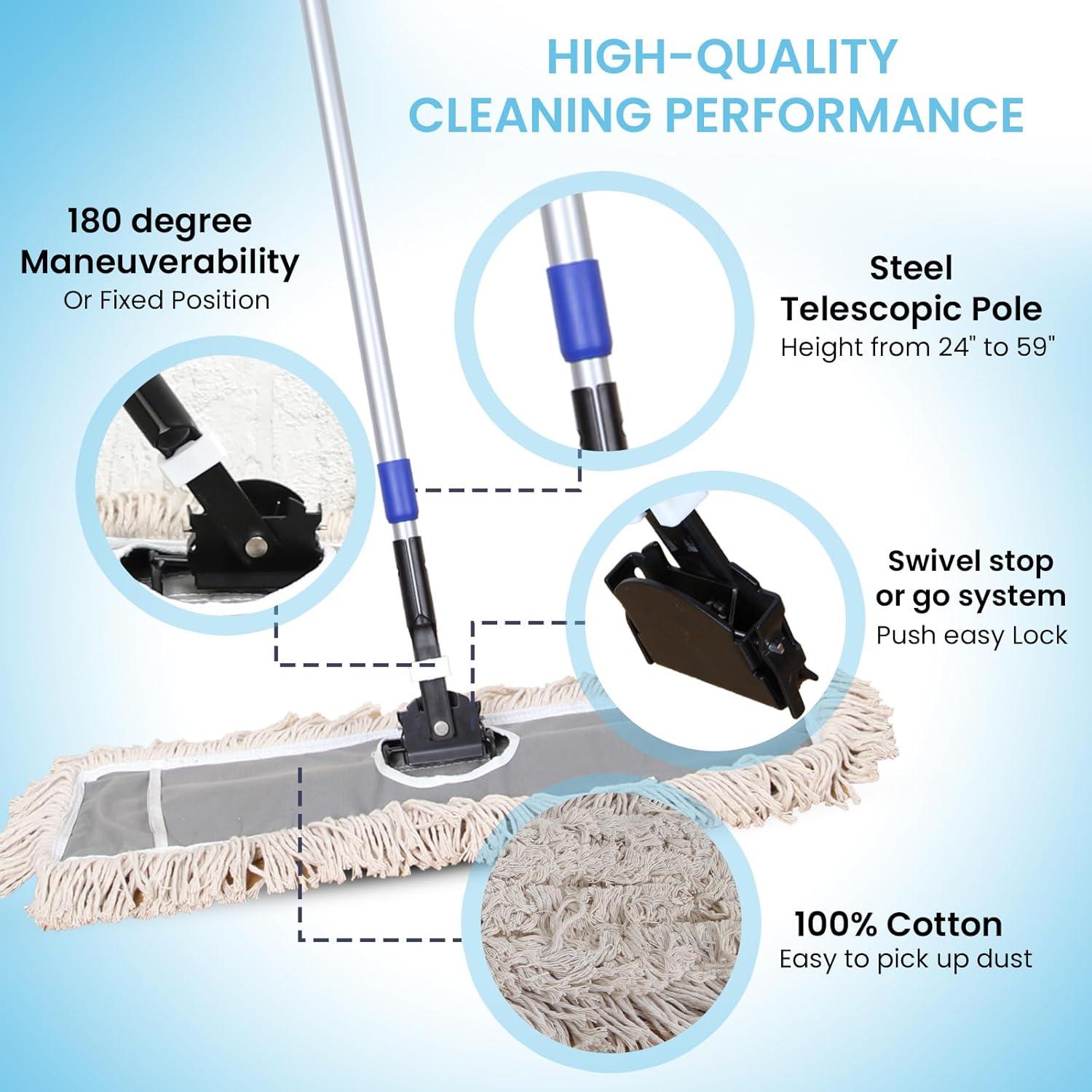 24" Industrial Cotton Floor Dust Mop with adjustable Steel Handle - Commercial Mops for Hardwood, Tiles, Laminate, Vinyl, Garage epoxy, Bamboo surface cleaning and Flooring Push Dust Broom