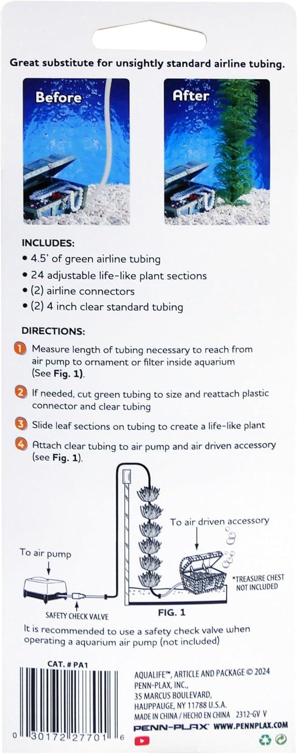 Penn-Plax Decorative Green Plastic Plants Surround Airline Tubing for Aquarium 60"Length - 1 Count