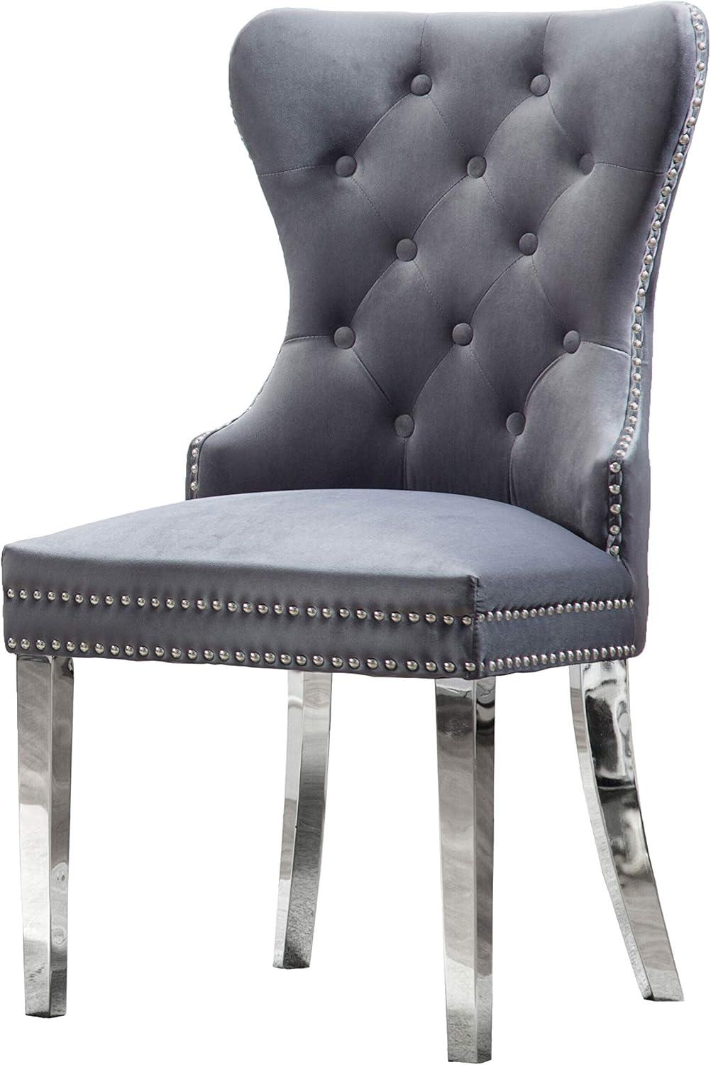 Tufted Dark Gray Velvet Side Chairs with Silver Stainless Steel (Set of 2)