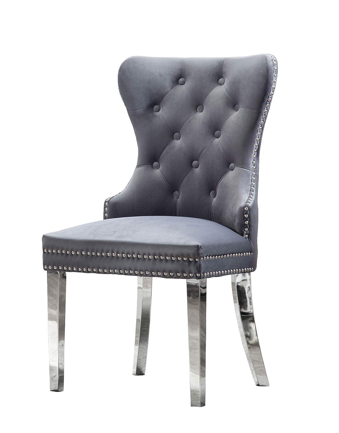 Tufted Dark Gray Velvet Side Chairs with Silver Stainless Steel (Set of 2)