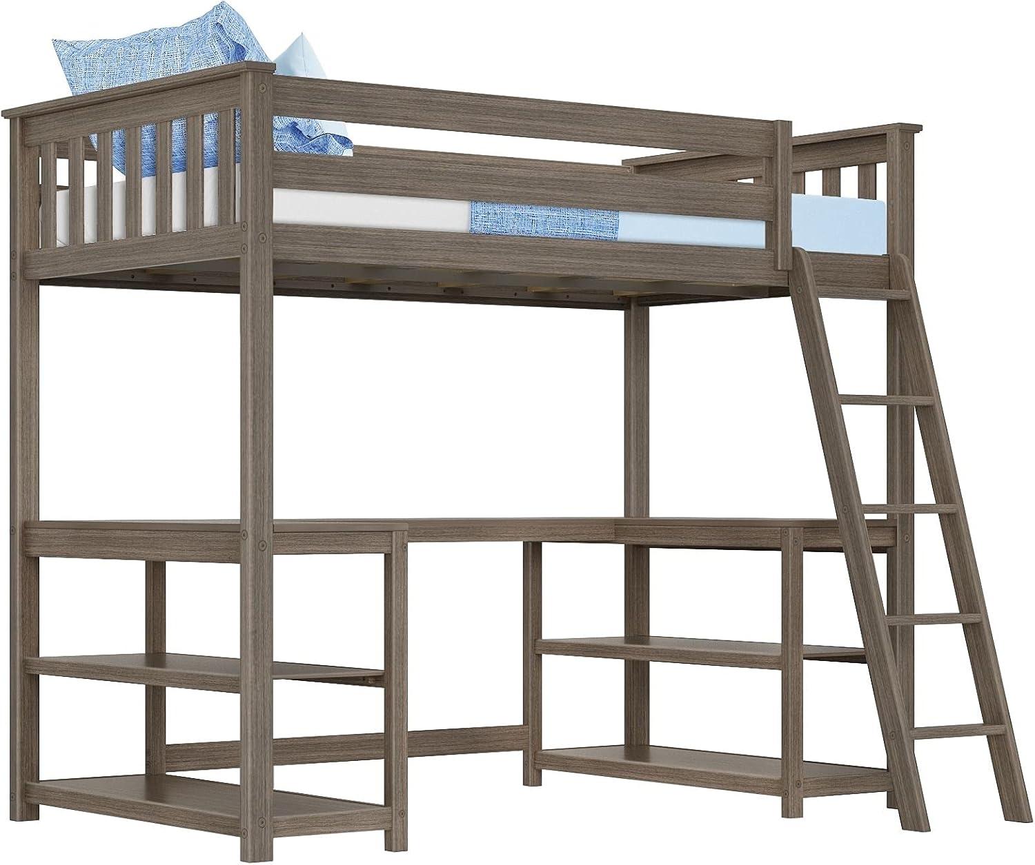 Max & Lily Loft Bed, Solid Wood Twin High Loft Bed with Bookcase and Desk for Kids, White