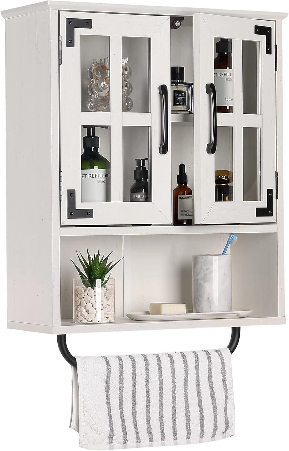 Wood Wall Storage Cabinet With Cross Glass Doors, Farmhouse Wall Mounted, 3 Tier Rustic Cabinet With Adjustable Shelves And Towel Bar For Bathroom, Living Room, Vintage White
