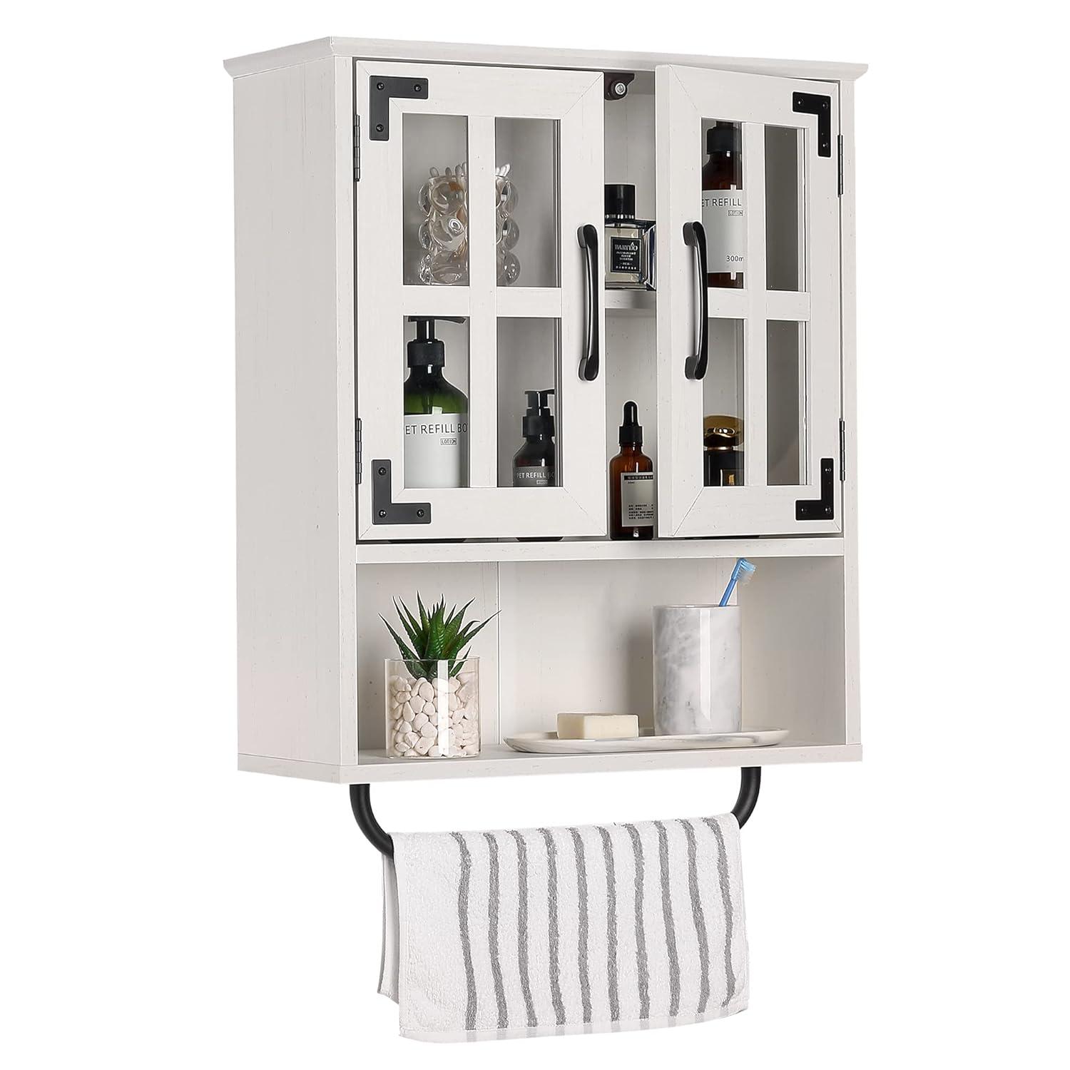 Wood Wall Storage Cabinet With Cross Glass Doors, Farmhouse Wall Mounted, 3 Tier Rustic Cabinet With Adjustable Shelves And Towel Bar For Bathroom, Living Room, Vintage White