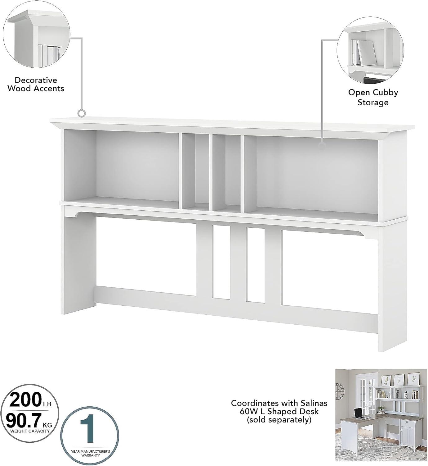 Bush Furniture Salinas Farmhouse 60W Hutch with Storage in Shiplap Gray and White - fits L Shaped Desk (sold separately)