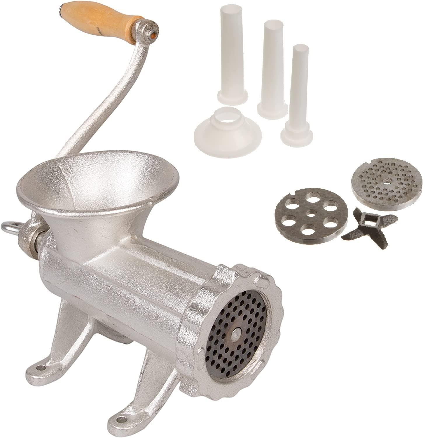 Cast Iron Table Mount Meat Grinder - Manual Mincer w Two 3/4" Cutting Disks & Sausage Stuffer Funnel - Make Homemade Burgers, Cooking Tool Must Have