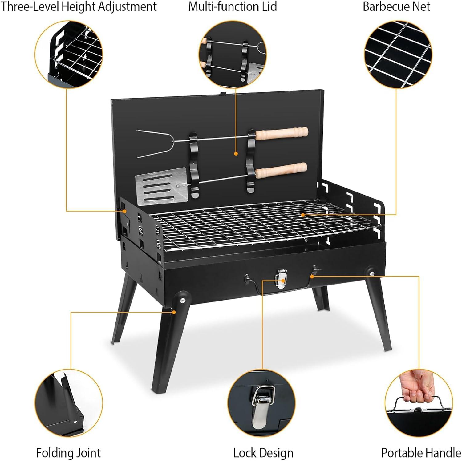 Portable Black Iron Tabletop Charcoal Grill with Lid