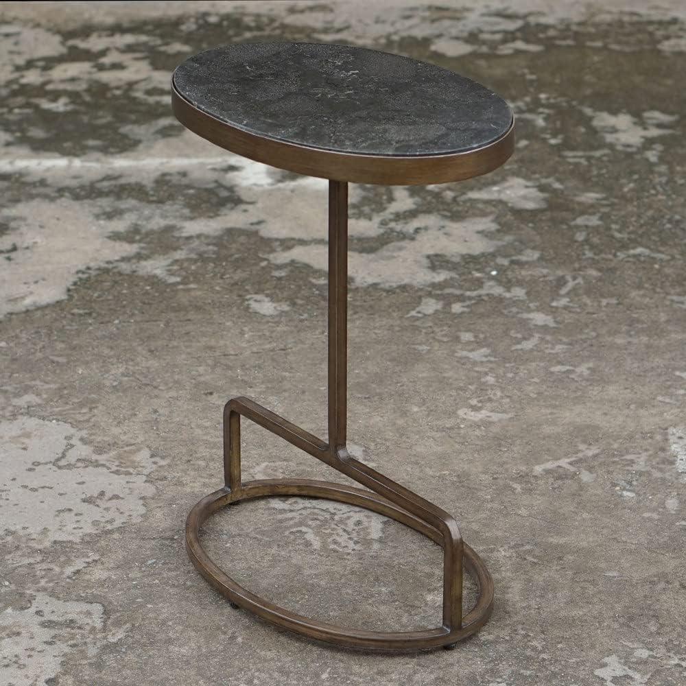 Oval Gold and Gray Marble Metal Accent Table