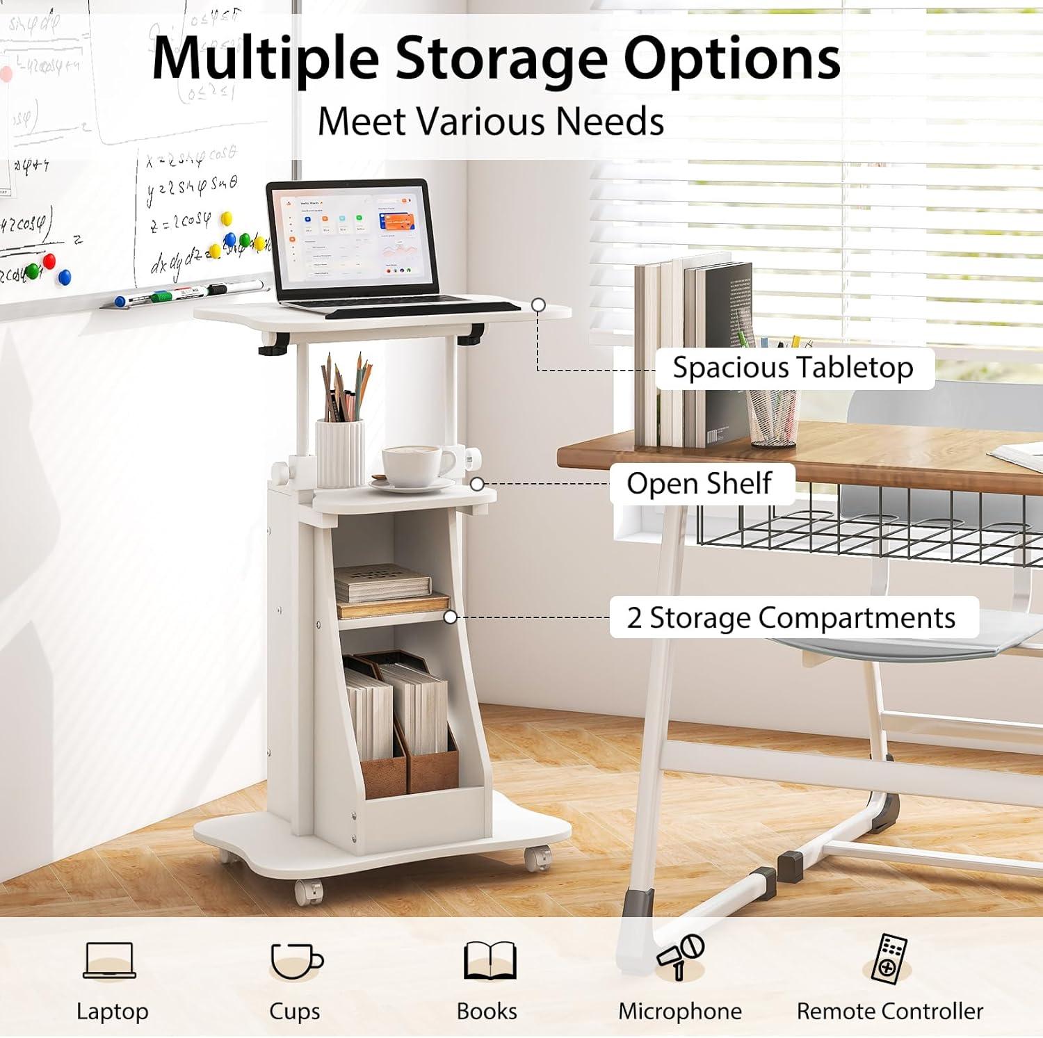 Costway Mobile Podium Stand Height Adjustable Laptop Cart with Storage Compartments Rolling Lectern with Lockable Casters for Classroom Office White