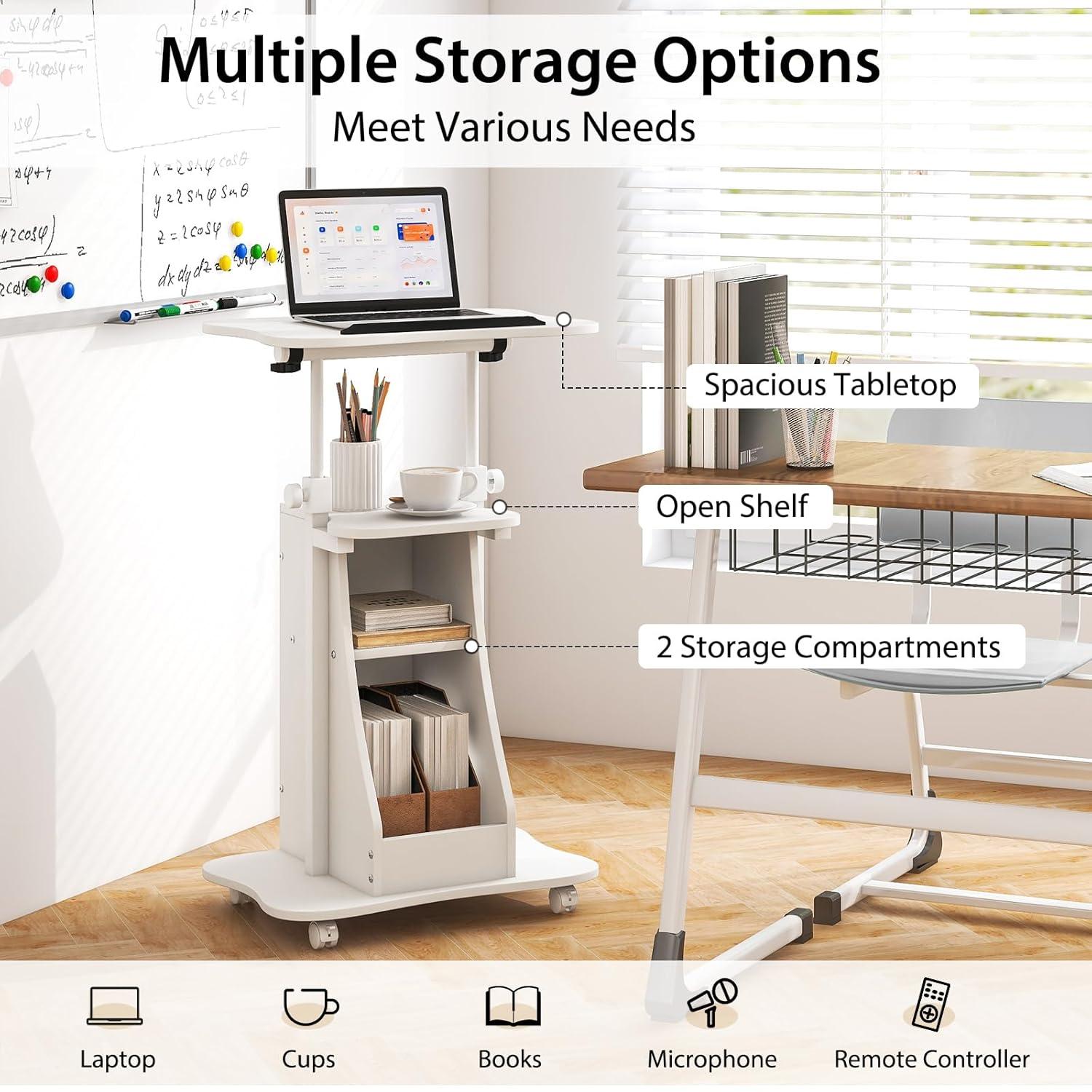 Costway Mobile Podium Stand Height Adjustable Laptop Cart with Storage Compartments Rolling Lectern with Lockable Casters for Classroom Office White