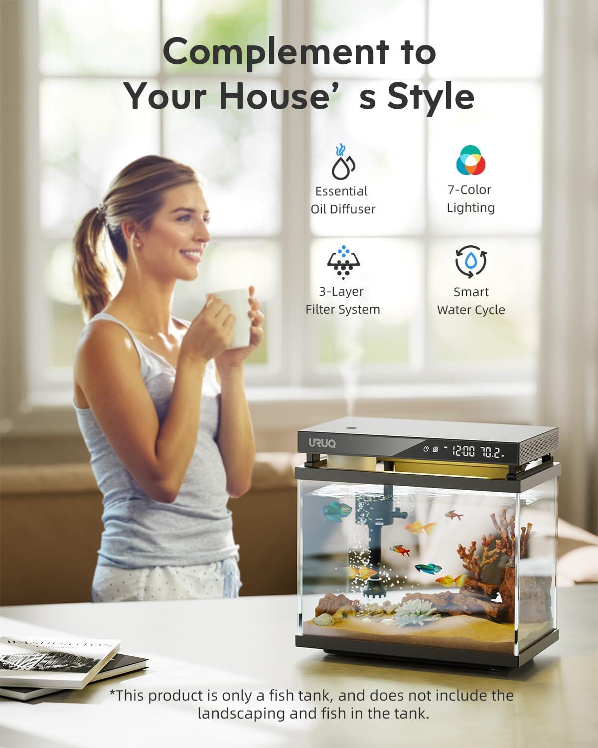 Latitude Run® Fish Tank Smart Aquarium Kit: 2 Gallon UHD Glass Silent Water Pump Self Cleaning Multi Layer Filtration System - Temperature Sensing 7-Color Lighting For Small Fish Betta Kids Room Desktop Decor