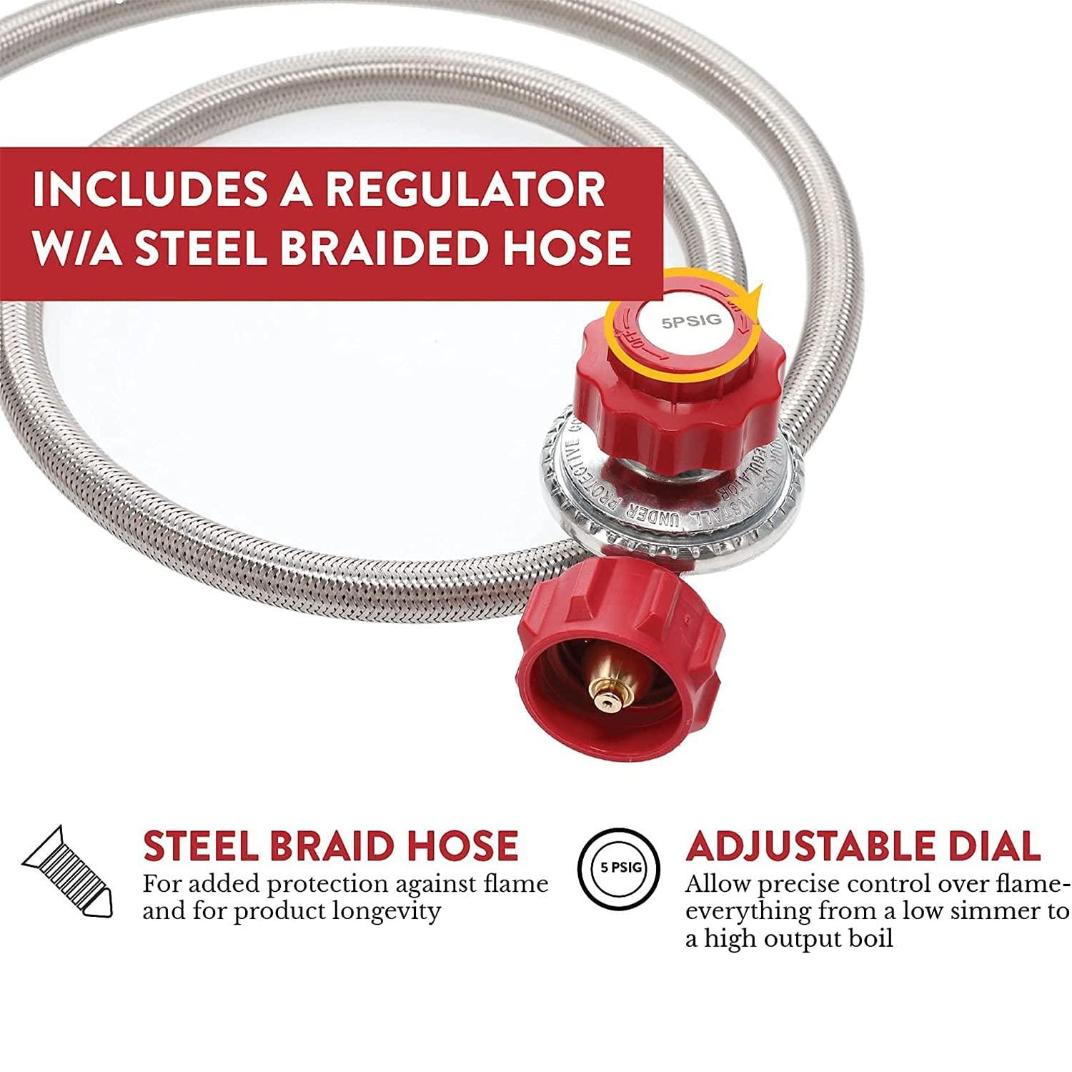 GasOne Propane Two Burner Camp Stove Outdoor High Pressure Propane 2 Burner Adjustable PSI Regulator and 4ft Steel Braided Hose With Removable Legs