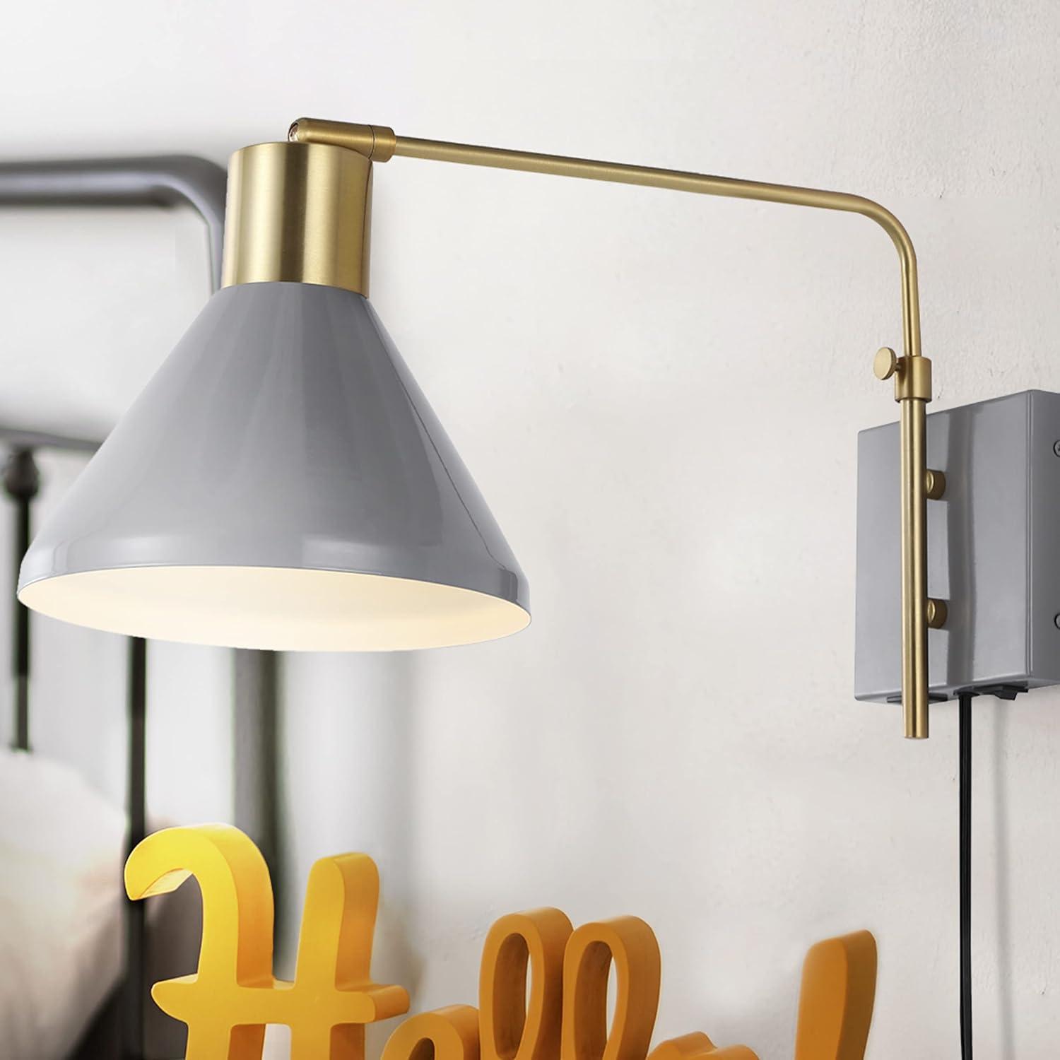 Max 20.5" Swing Arm 1-Light Modern Midcentury Iron USB Charging Port LED Sconce, Grey/Brass Gold