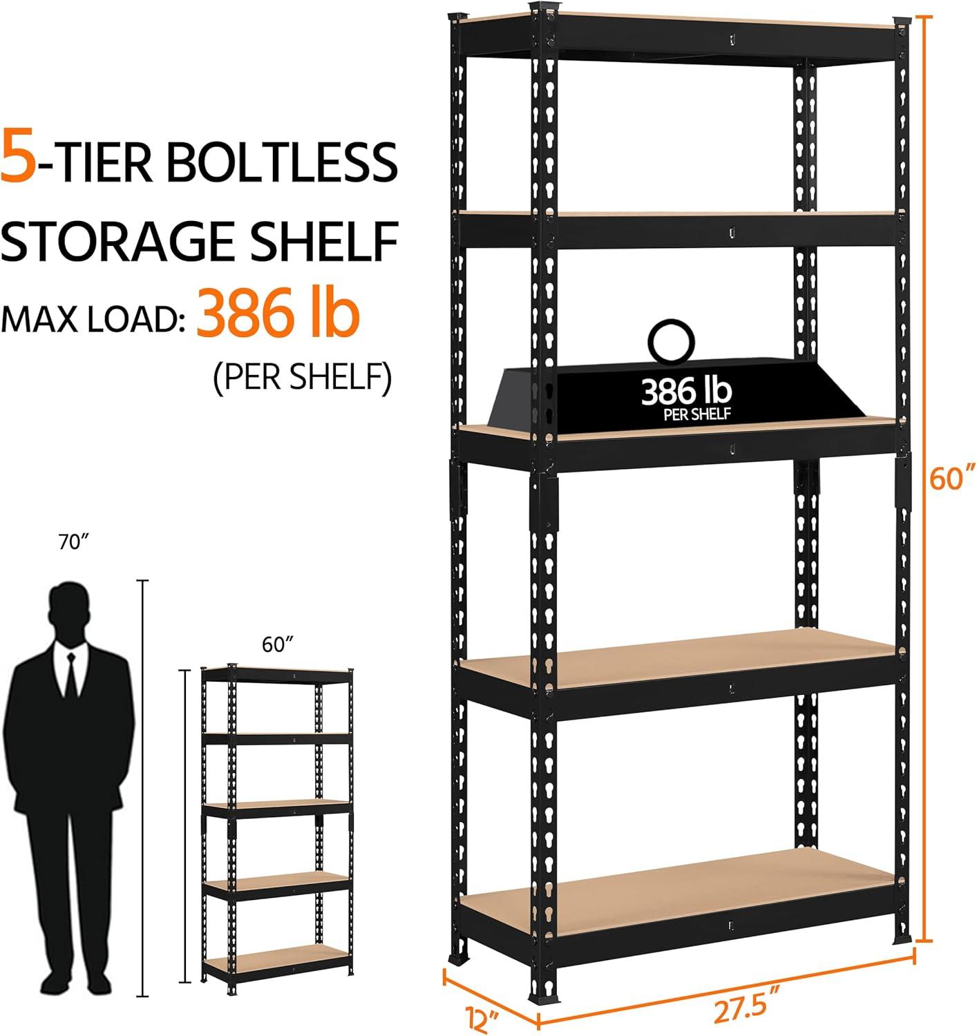 Topeakmart 5-Tier Utility Shelves, Metal Storage Shelves, Adjustable Shelving Units, Boltless Assembly, Garage Shelves Shed Shelving for Warehouse Garage Shed Basement- Black, 27.5 x 12x 60 Inch