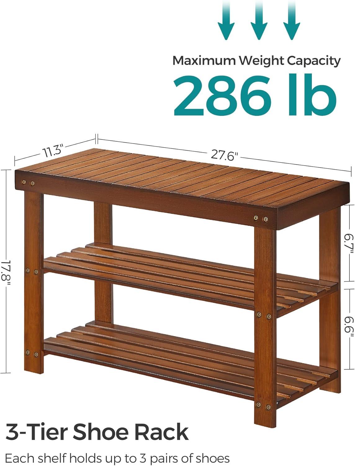 SONGMICS 3-Tier Shoe Rack Bench Bamboo Organizer Storage Shelf Holds 286 lb Walnut Color