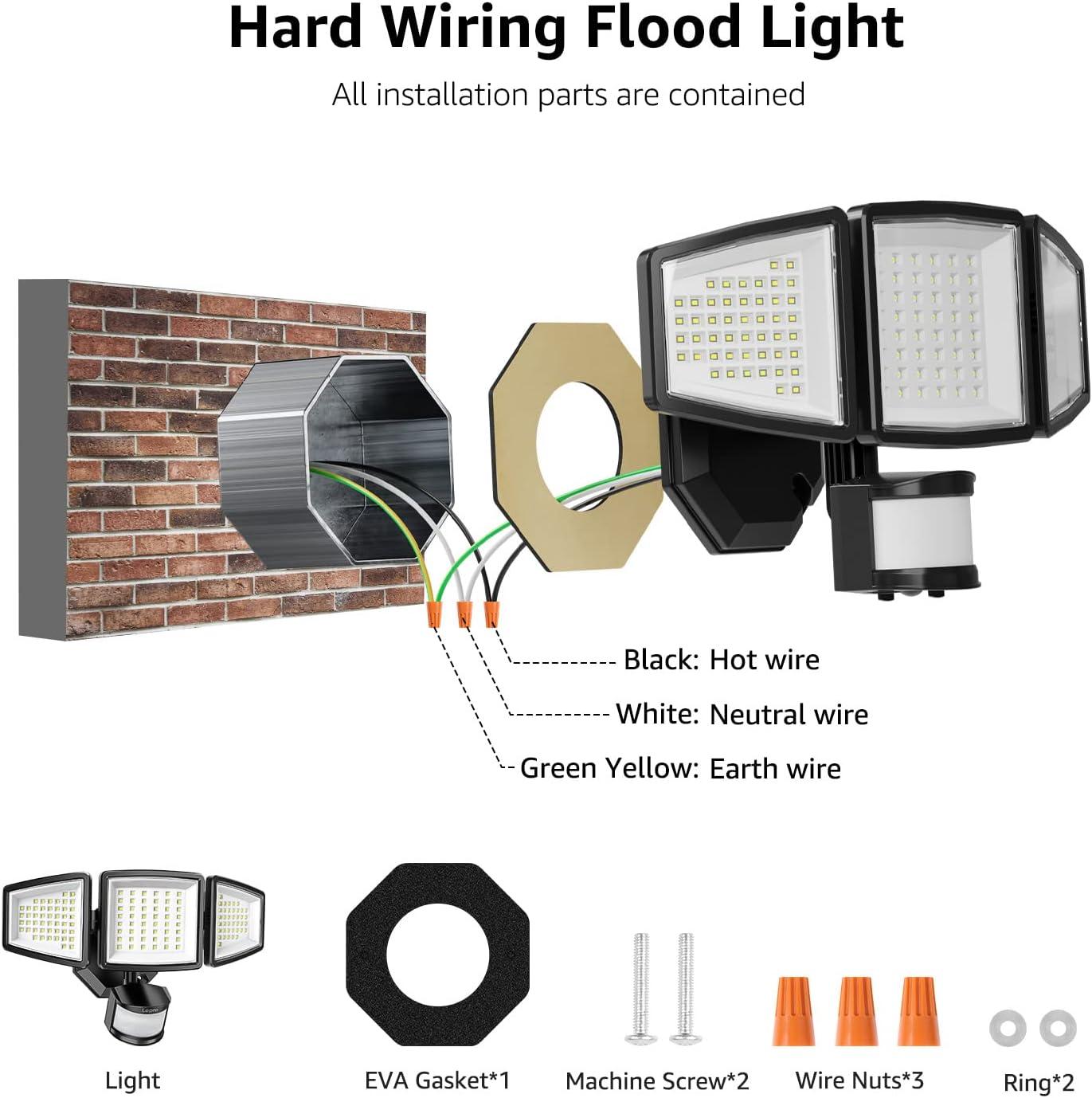 Lepro Motion Sensor Outdoor Light  , LED Security Flood Lights with 3 Adjustable Heads, 270° Wide Lighting Angle, 27W 3200LM Super Bright, IP65 Waterproof for Yard Porch Garage, Black