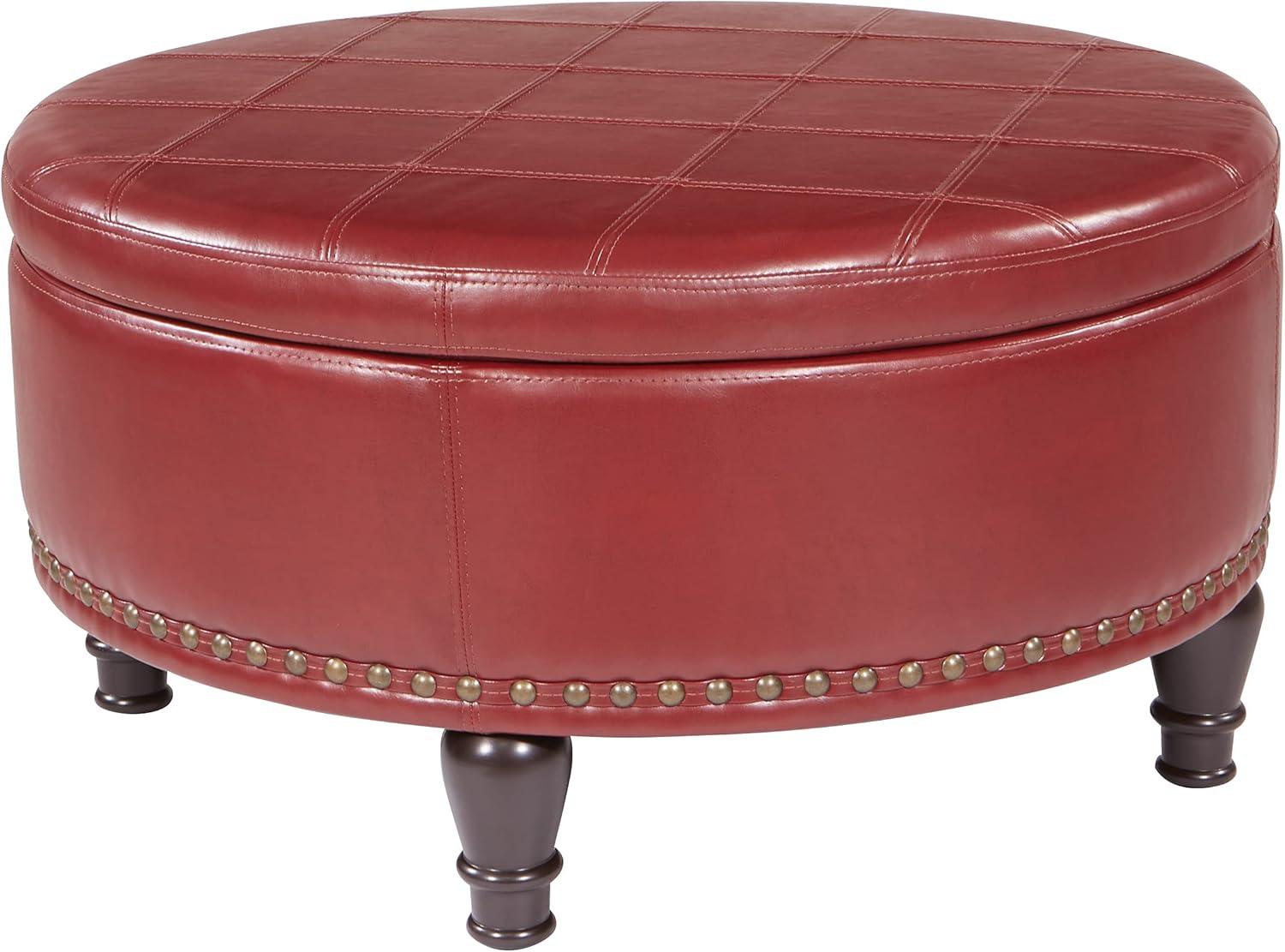 OSP Home Furnishings Augusta Round Storage Ottoman in Crimson Red Bonded Leather with Decorative Nailheads