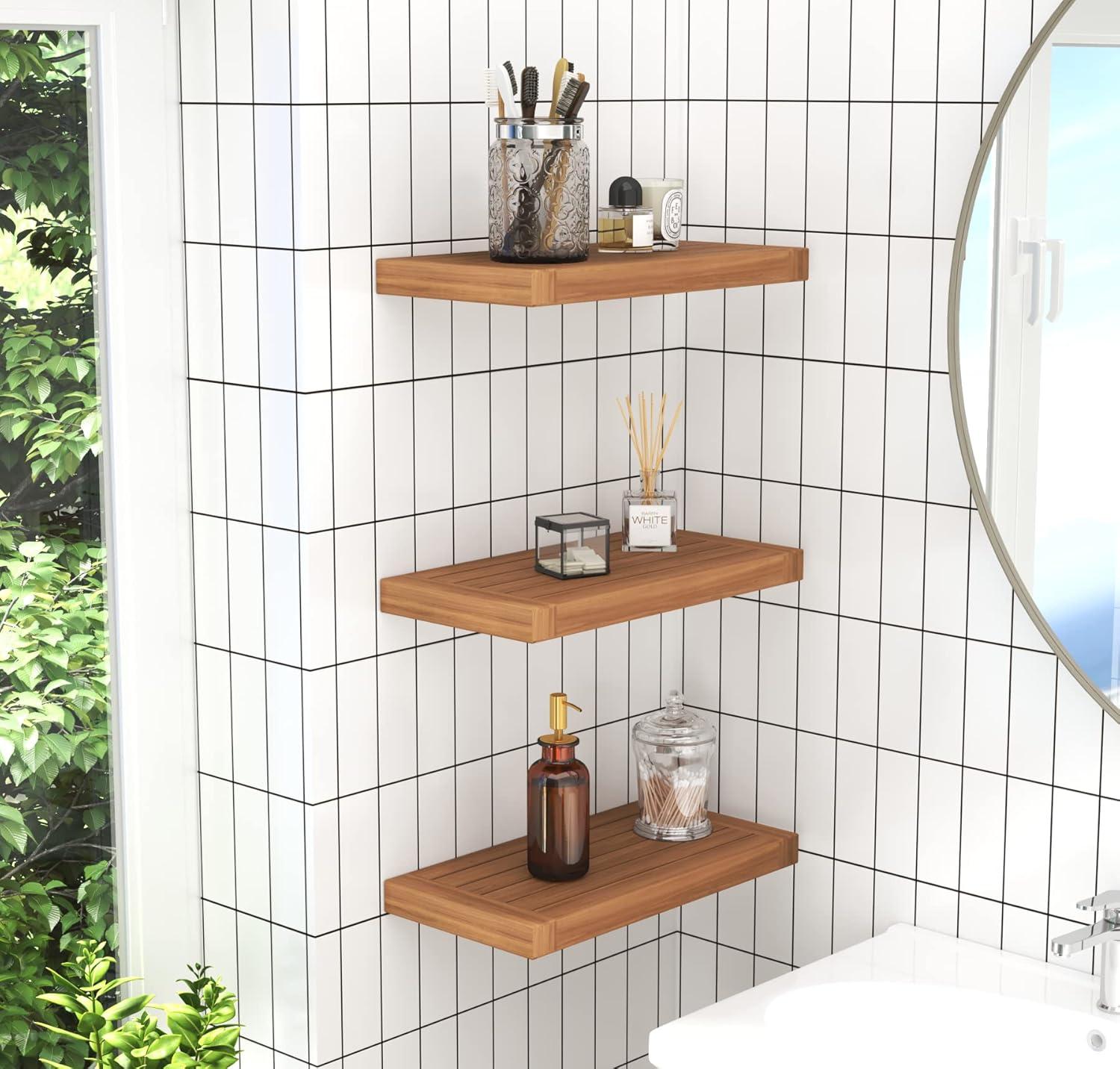 18" Natural Teak Wood Floating Wall Shelf