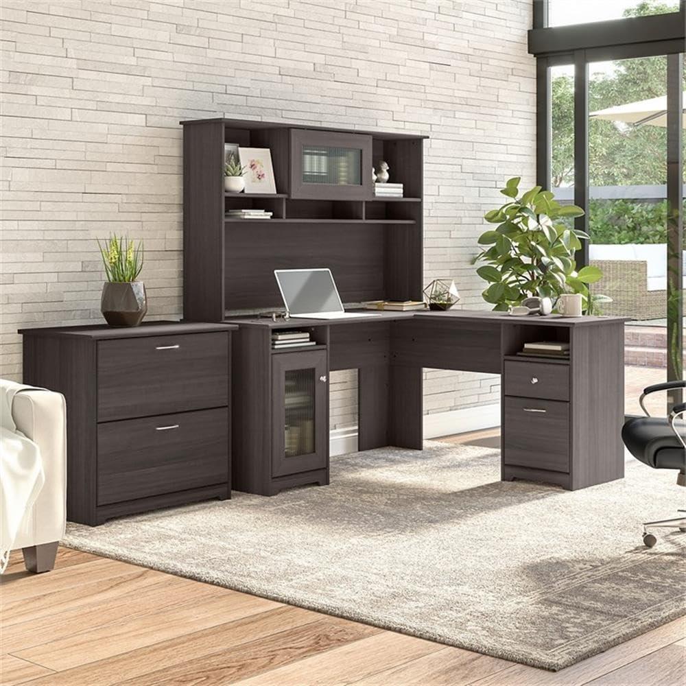 Cabot L Desk with Hutch & File Cabinet in Modern Walnut - Engineered Wood