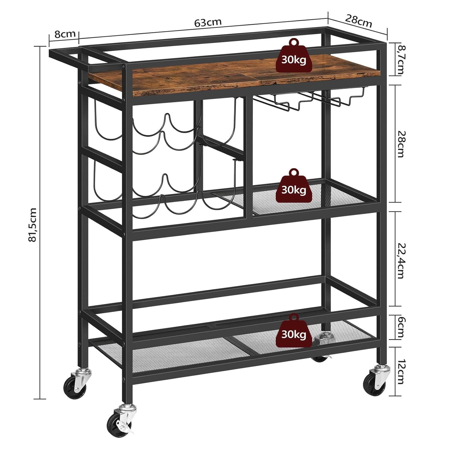 Bar Cart for Home, 3-Tier Serving Cart with Wheels and Handle, Beverage Cart with Wine Rack and Glass Holders, Rolling Wine Cart for Kitchen, Dining Room, Rustic Brown RCHR6101