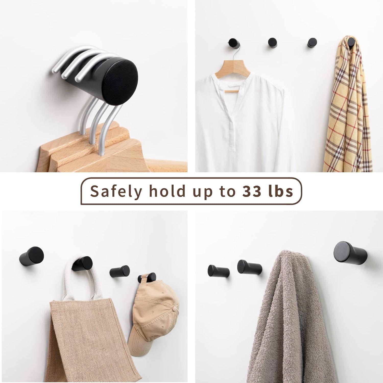 Wooden Black Wall Hooks - Pack of 4 - Wall Mounted Decorative Hook - Modern Wood Pegs for Hanging Hat, Coat, Towel - Purse and Backpack Hanger for Entryway