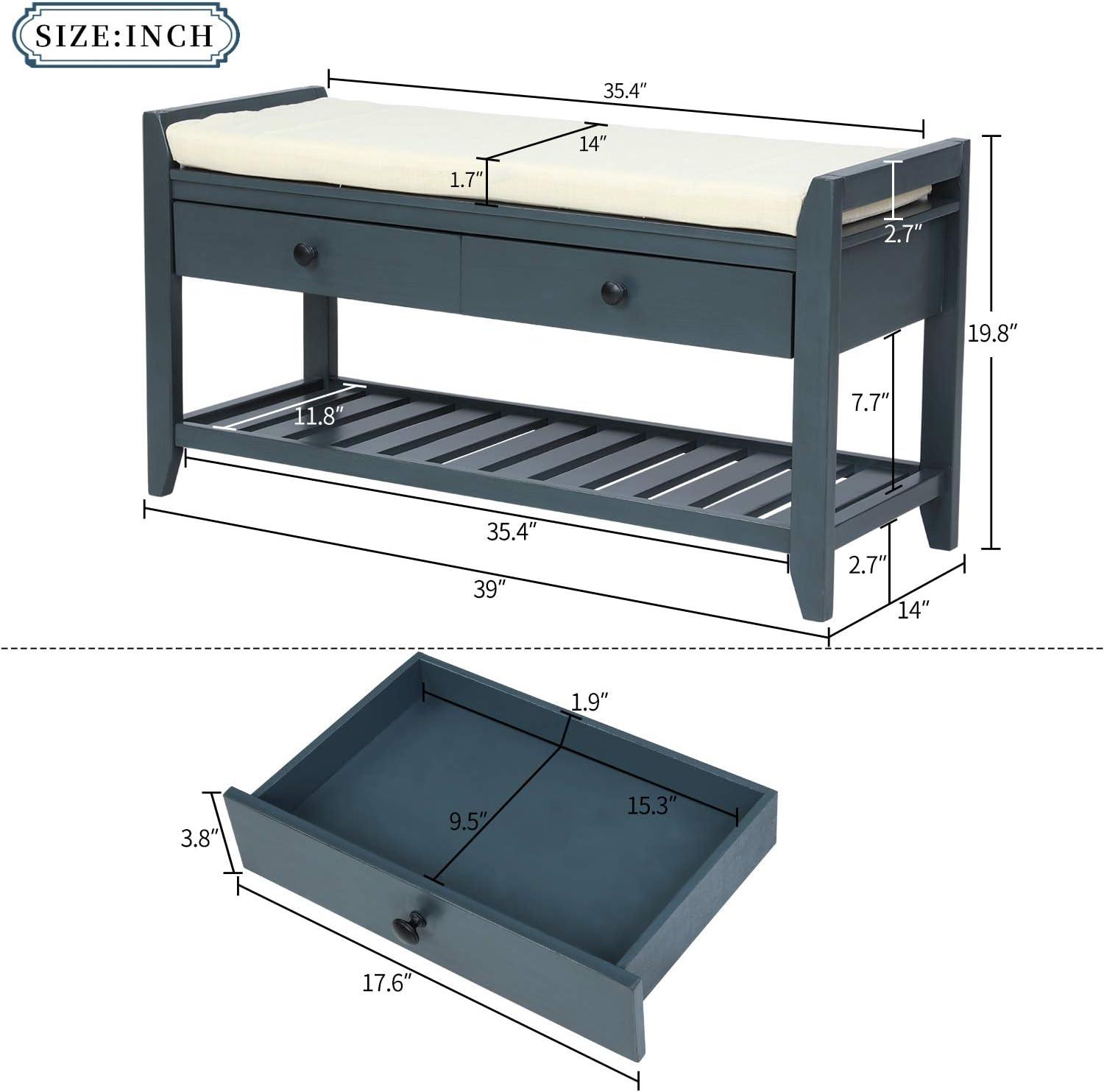 Shoe Bench Entryway Bench Shoe Rack Wooden with Cushioned Seat and Two Handle Drawers Multipurpose for Entryway Home Living Room, Antique Navy