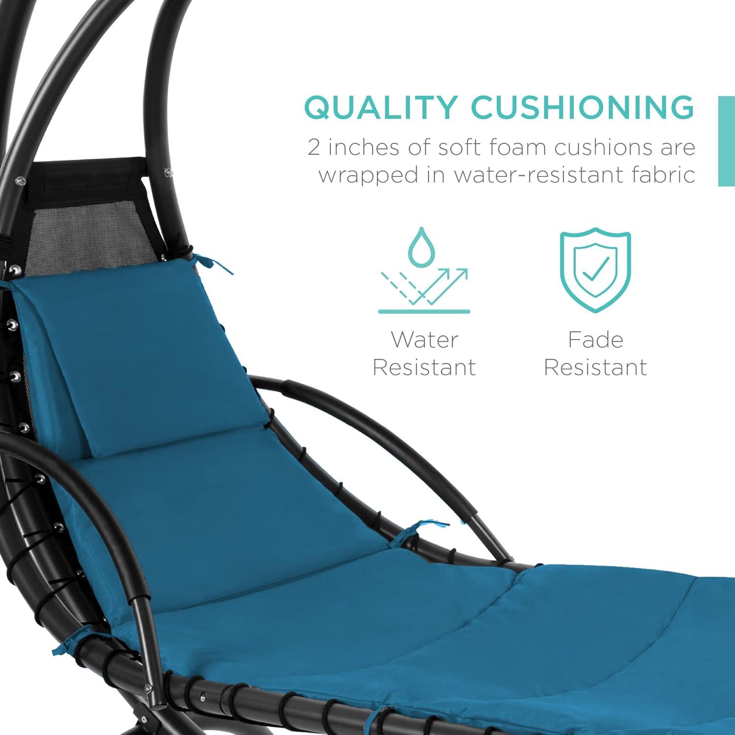 Best Choice Products Hanging Curved Chaise Lounge Chair Swing for Backyard, Patio w/ Pillow, Shade, Stand - Peacock Blue