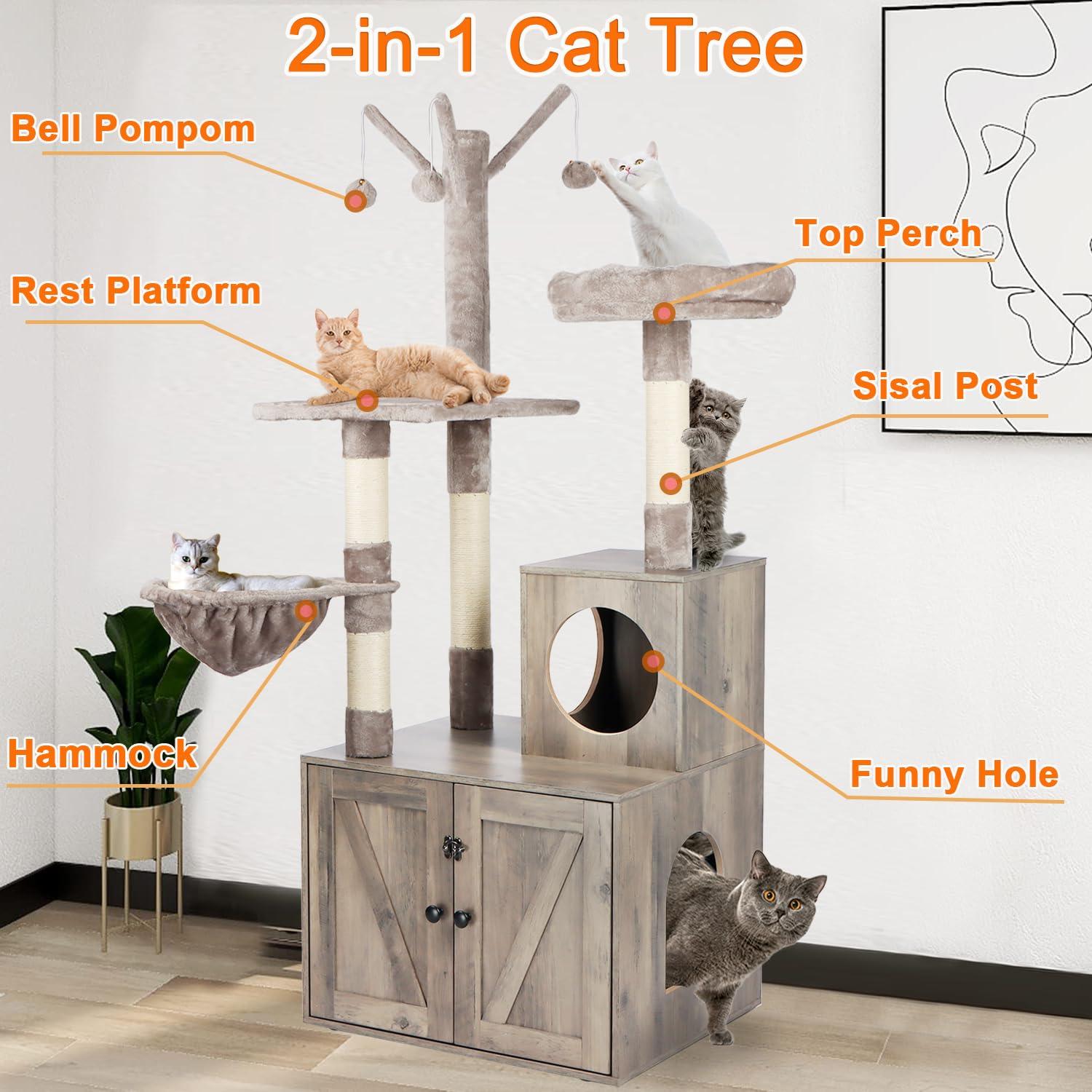 Litter Box Enclosure with Cat Tree, 2-in-1 Cat Tree Tower, Hidden Cat Litter Box Furniture with Scratching Post, Modern Cat Condo, Grey