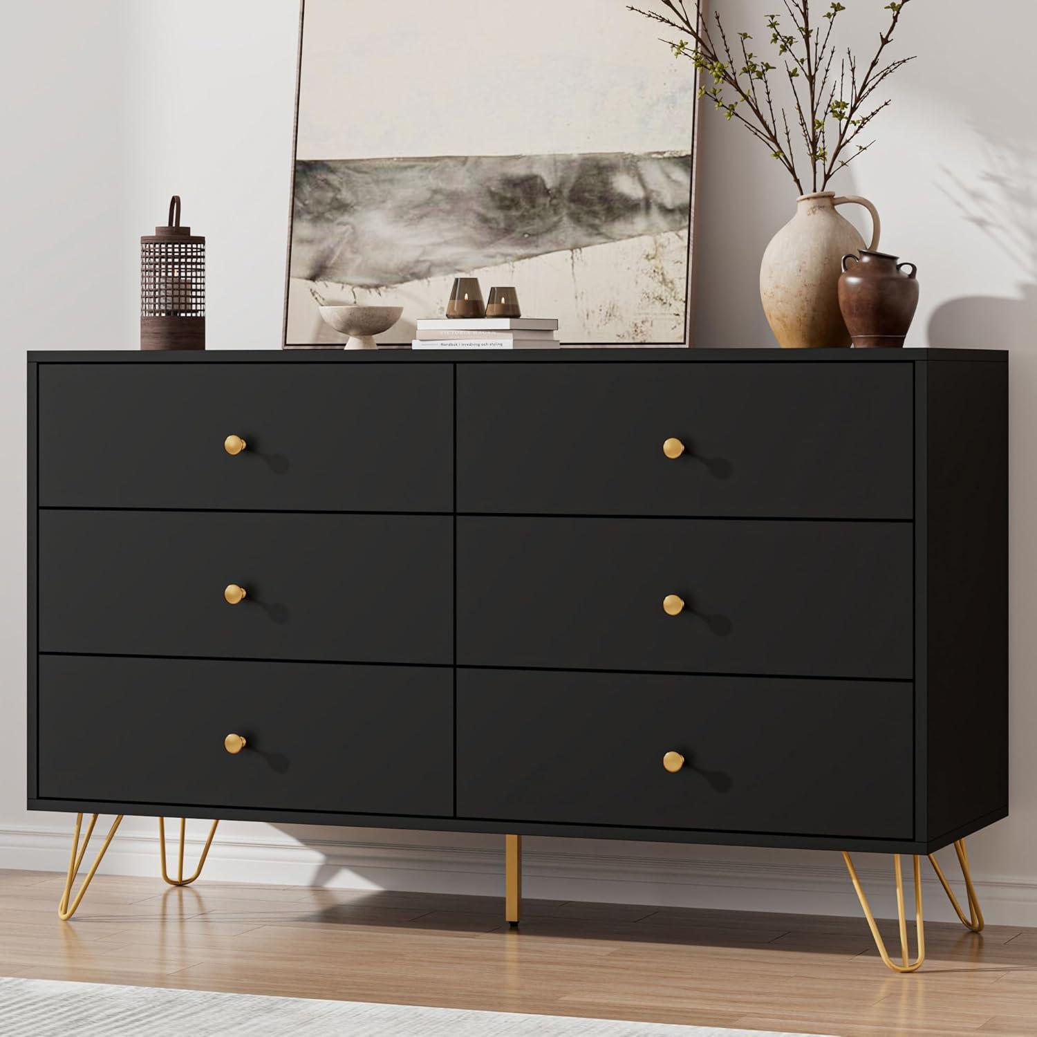 Black Dresser for Bedroom, 6 Drawer Dresser with Golden Handles, Large Storage Cabinet, Modern Chest of Drawers Organizer Storage for Hallyway, Entryway