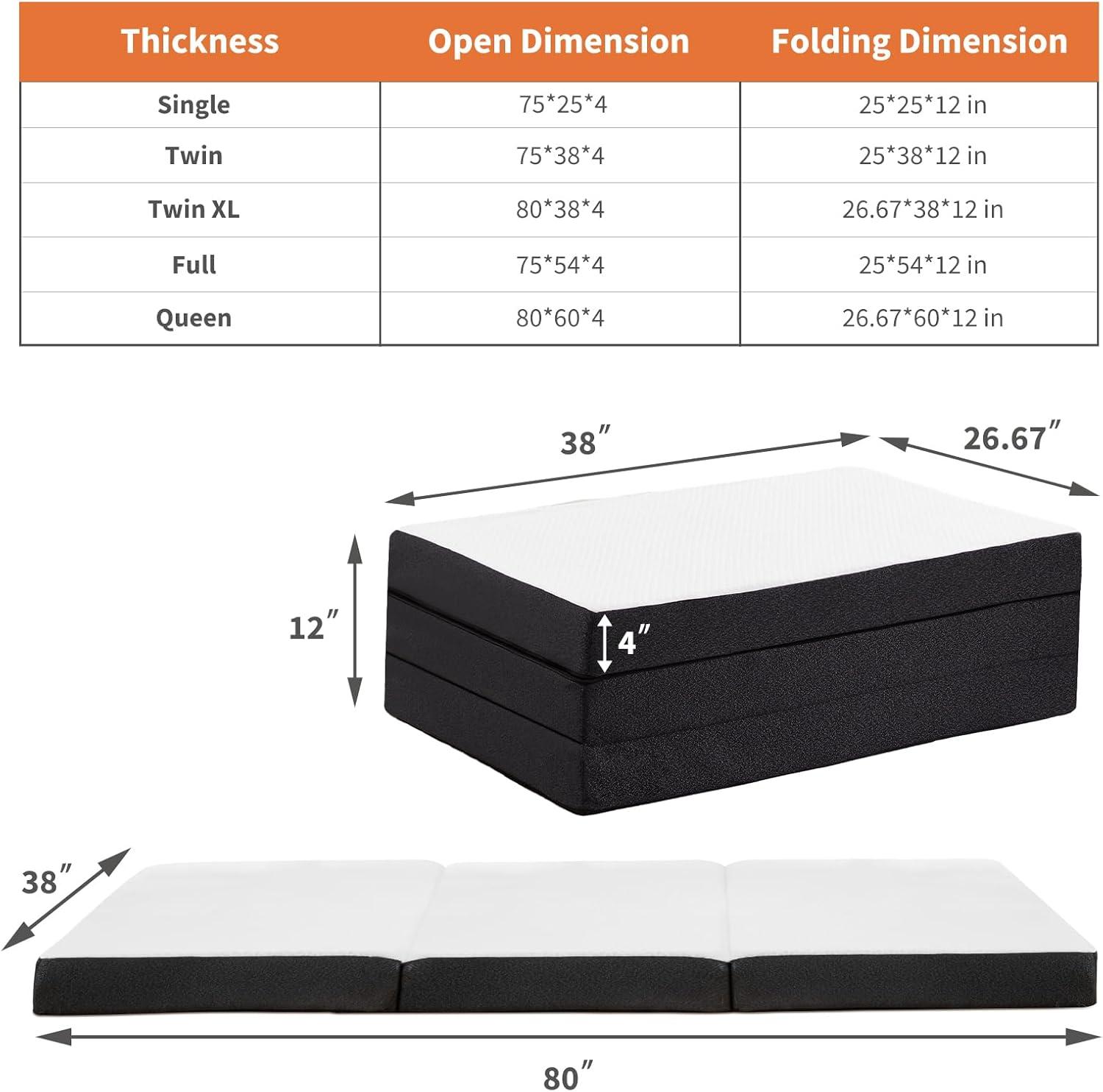 4-Inch Black and White Trifold Memory Foam Mattress