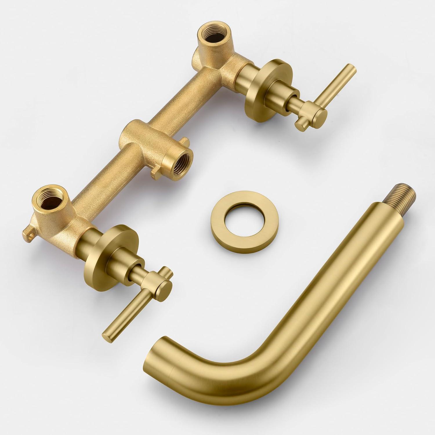 Sumerain Wall Mount Tub Faucet Brushed Gold Bathtub Faucet 3 Hole Tub Filler with Rough in Valve