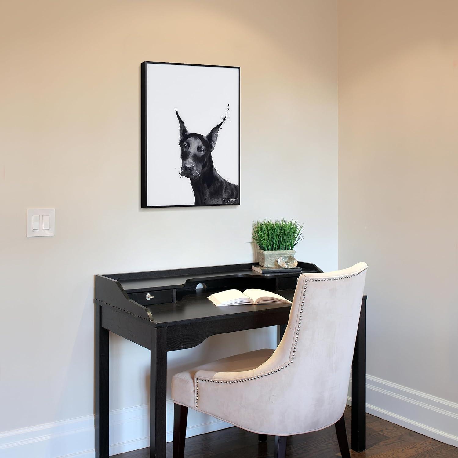 "Doberman" Black and White Pet Paintings on Printed Glass Encased with a Gunmetal Anodized Frame