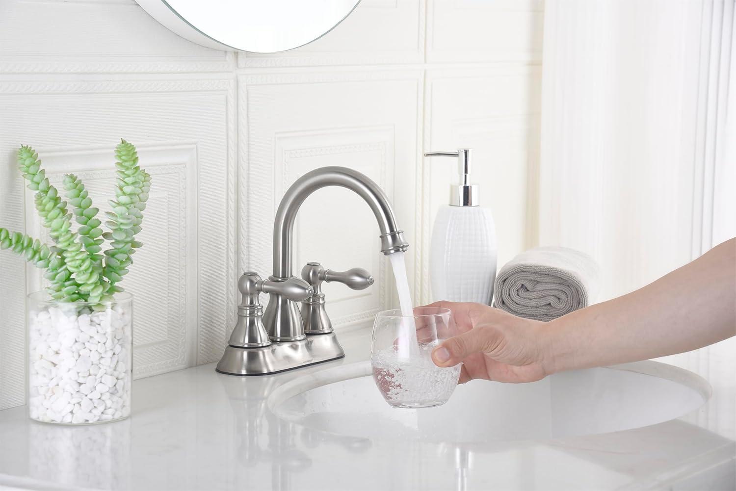 Two Handles Brushed Nickel Bathroom Faucet 3 Hole Sink Faucet with Overflow Pop up Drain, 360° Swivel Spout 4 Inch Centerset Lavatory Faucet Without Water Supply Lines,F-4501-BN