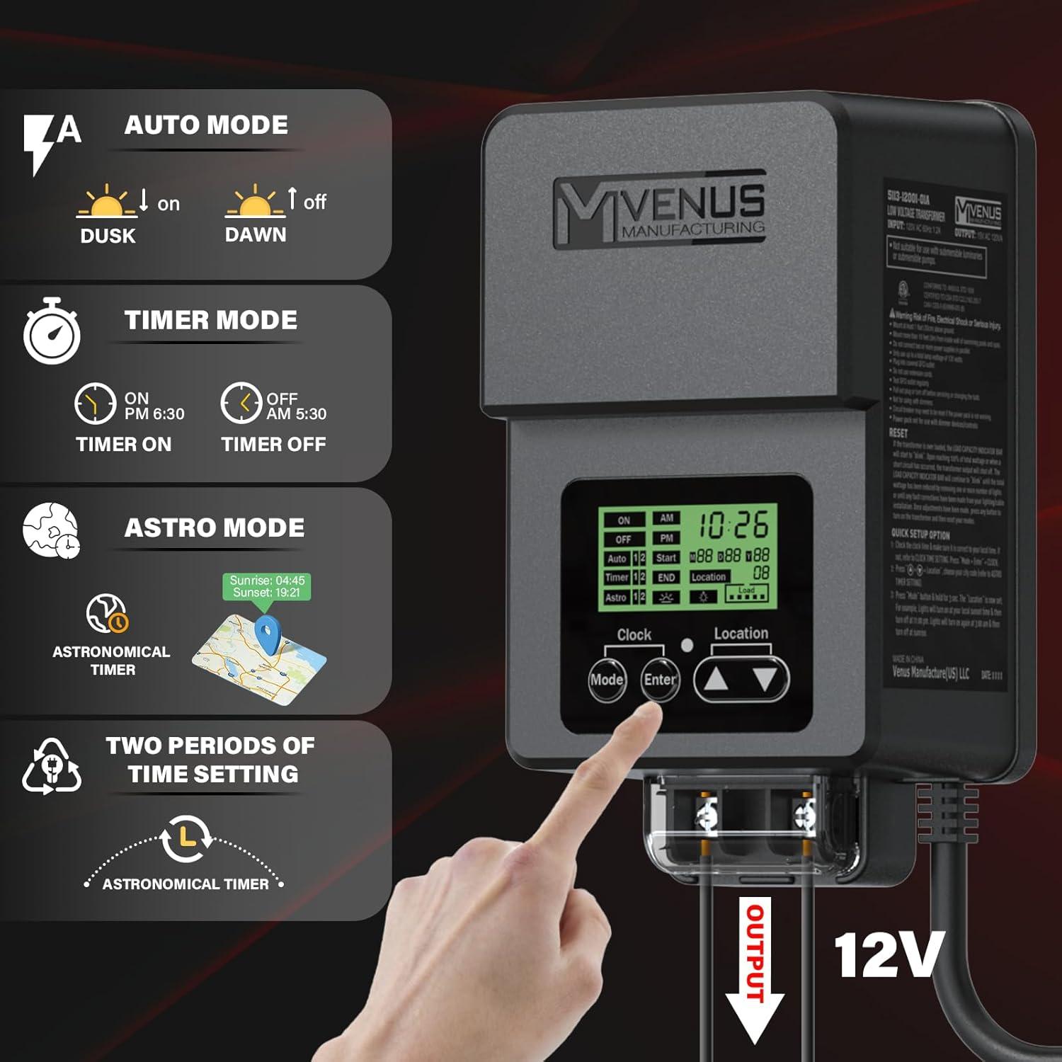 120W Outdoor Low Voltage Transformer with Timer and Photo Sensor, 120V AC to 15V AC Power Supply, Suitable for 12-15V Exterior Garden Landscape Lighting with ETL Listed