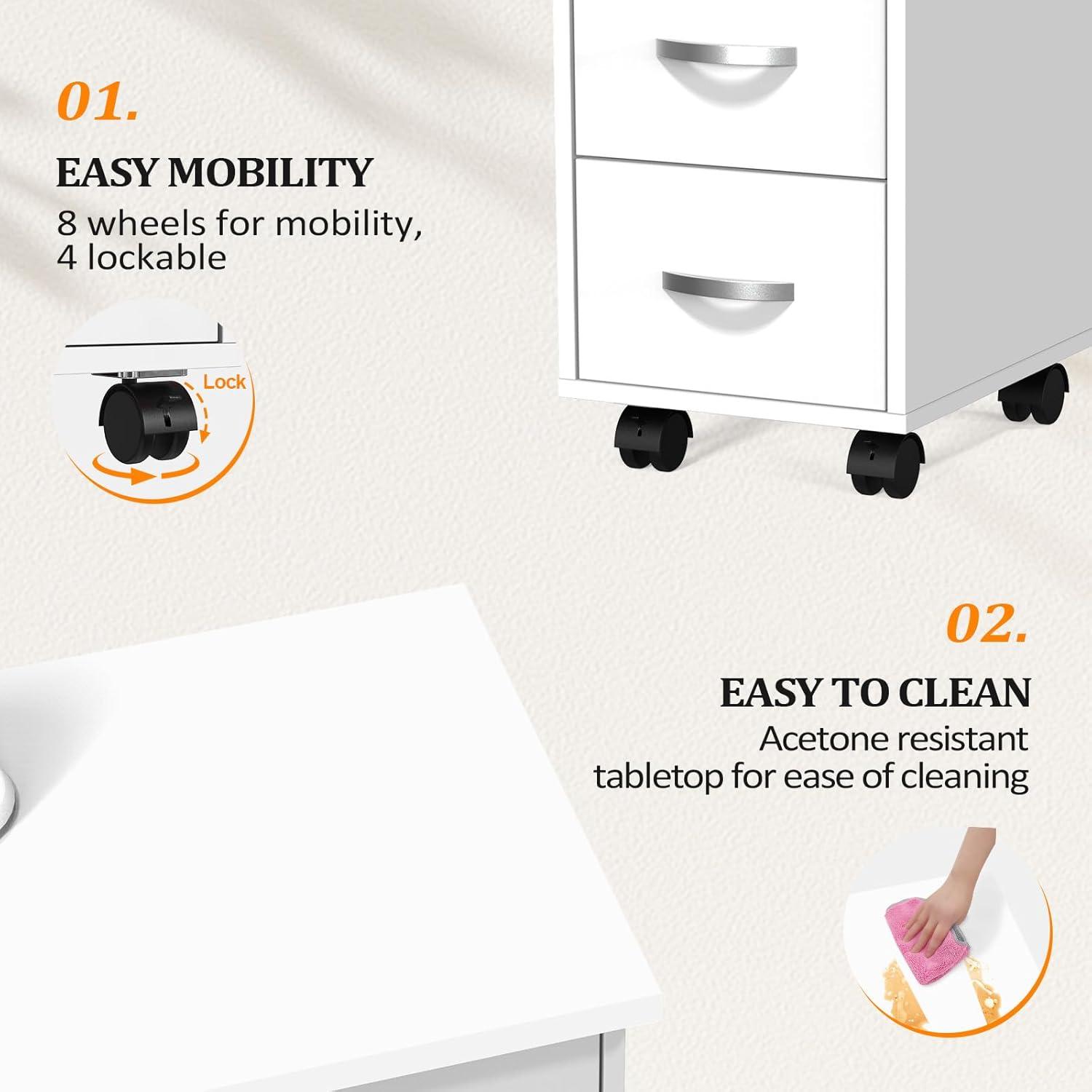 Goujxcy Rolling Nail Table Manicure Table Nail Desk Station, Beauty Salon Nail Station Desk Nail Art Equipment with 4 Drawers & Large Cabinet & Wrist Rest,White