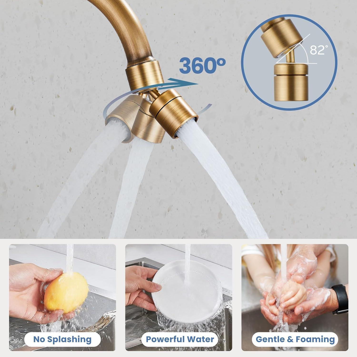 Airuida Wall Mount Kitchen Faucet with Sprayer Wall Mounted Kitchen Sink Faucet Double Cross Handles 360 Degree Swivel Spout Restaurant Mixer Tap Commercial 8 Inch Center Antique Brass