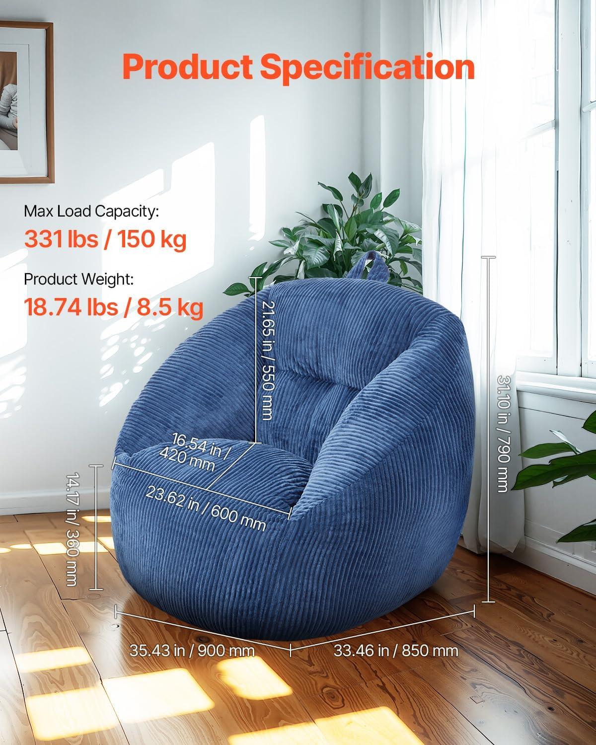 VEVOR 3-Foot Bean Bag Chair with Soft Armrests & Storage Pocket – Comfortable Seating for Home