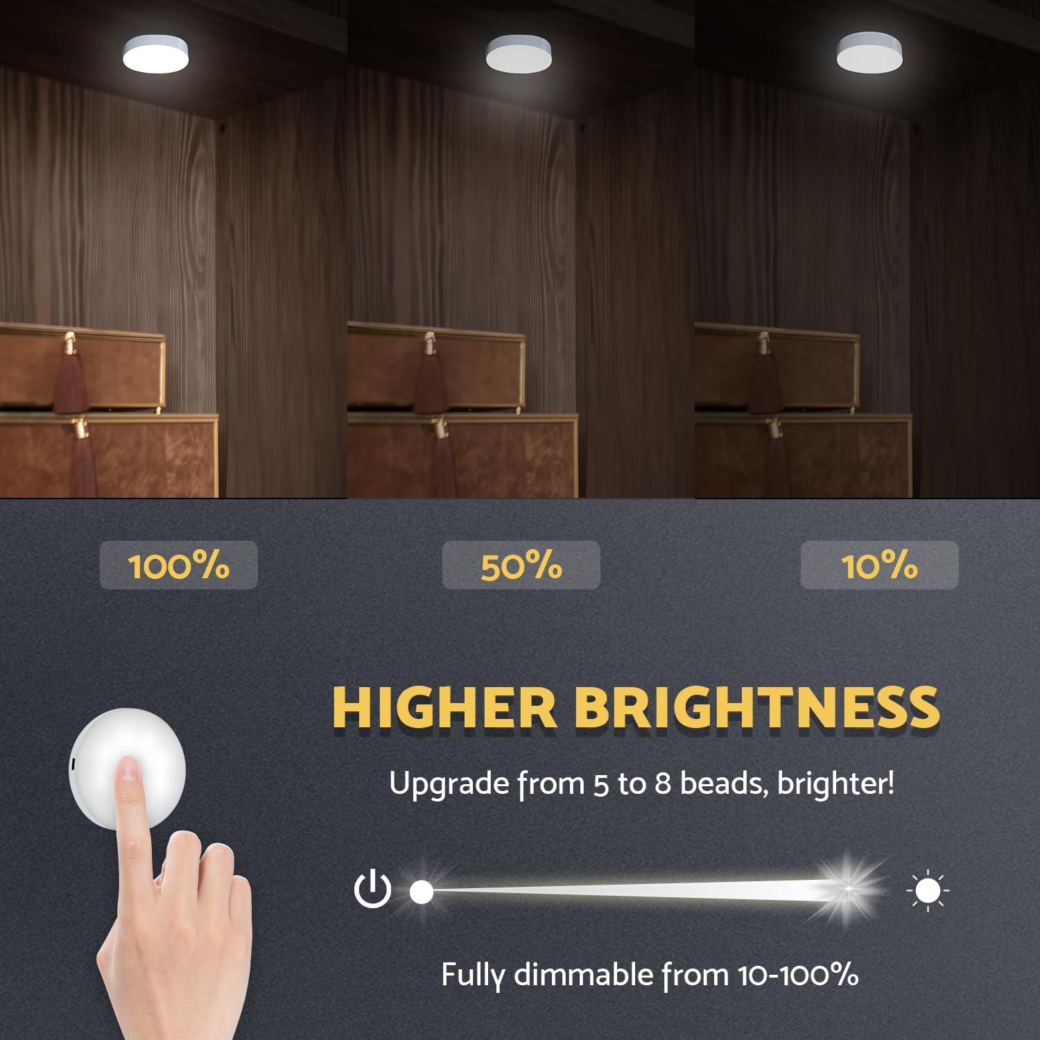 Rechargeable Puck Lights 2 Pack, Dimmable Touch Light Stick on for Closet, Magnetic Tap Light 1000mAh Battery Powered, Portable Led Light Cool White for Locker, Cabinet, Bedside, Kitchen