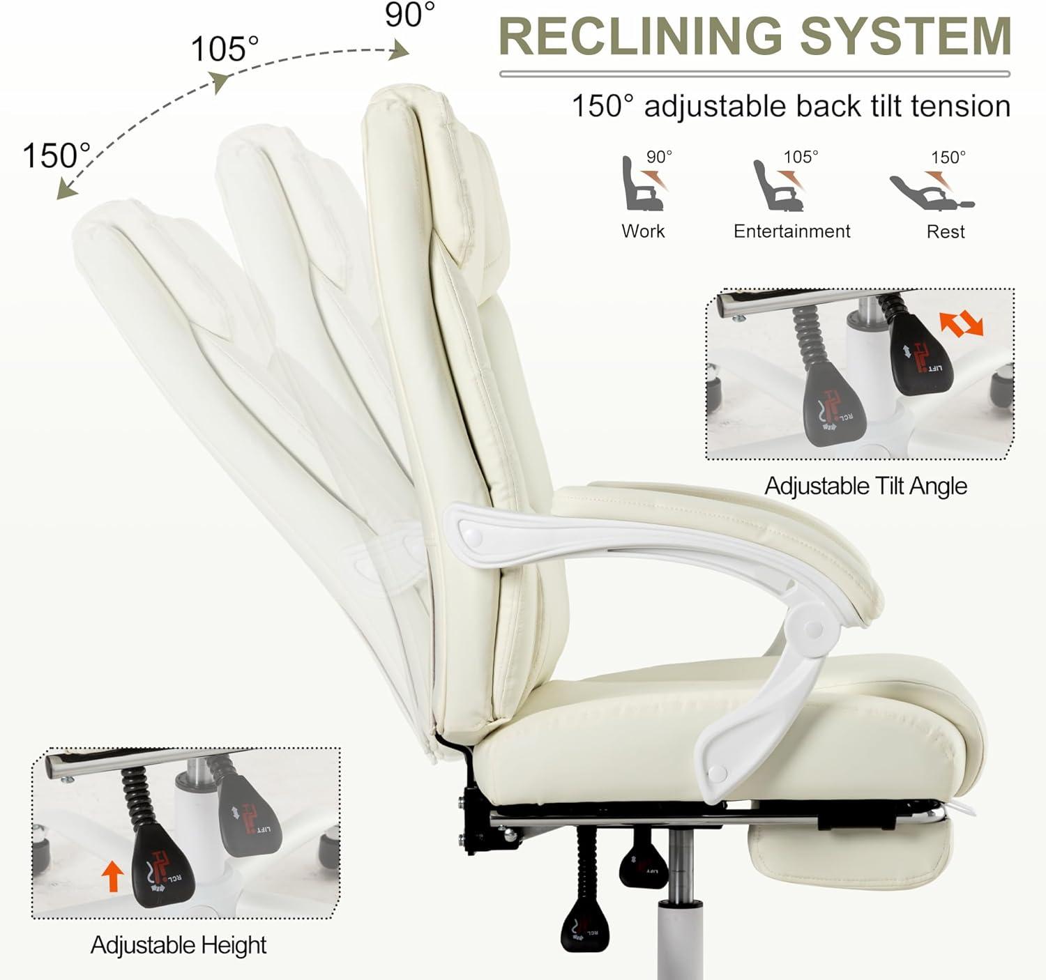 Executive Office Chair with Footrest,90-155°Adjustable Reclining Office Chair,Thick Leather Chair with Lumbar Support,Ergonomic Computer Desk Chair Comfy for Home Office (Cream White)