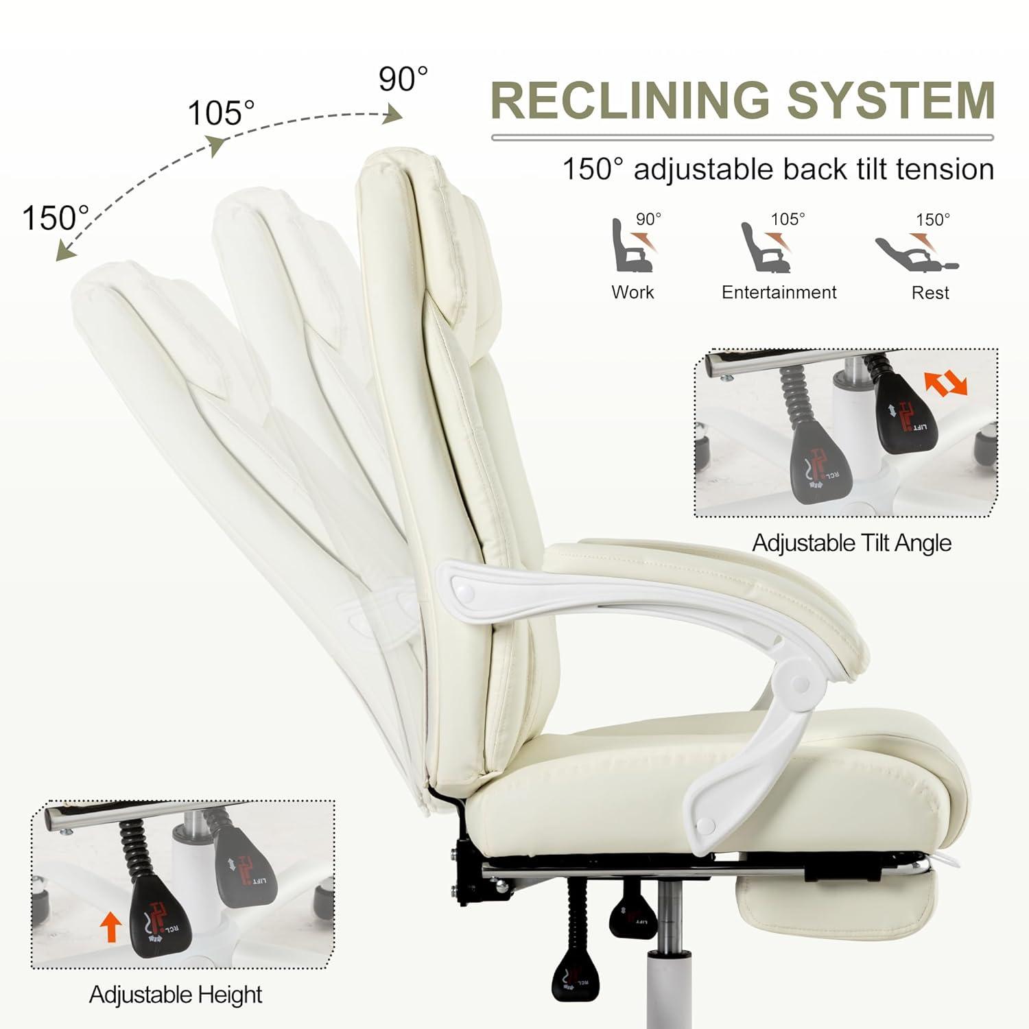 Executive Office Chair with Footrest,90-155°Adjustable Reclining Office Chair,Thick Leather Chair with Lumbar Support,Ergonomic Computer Desk Chair Comfy for Home Office (Cream White)