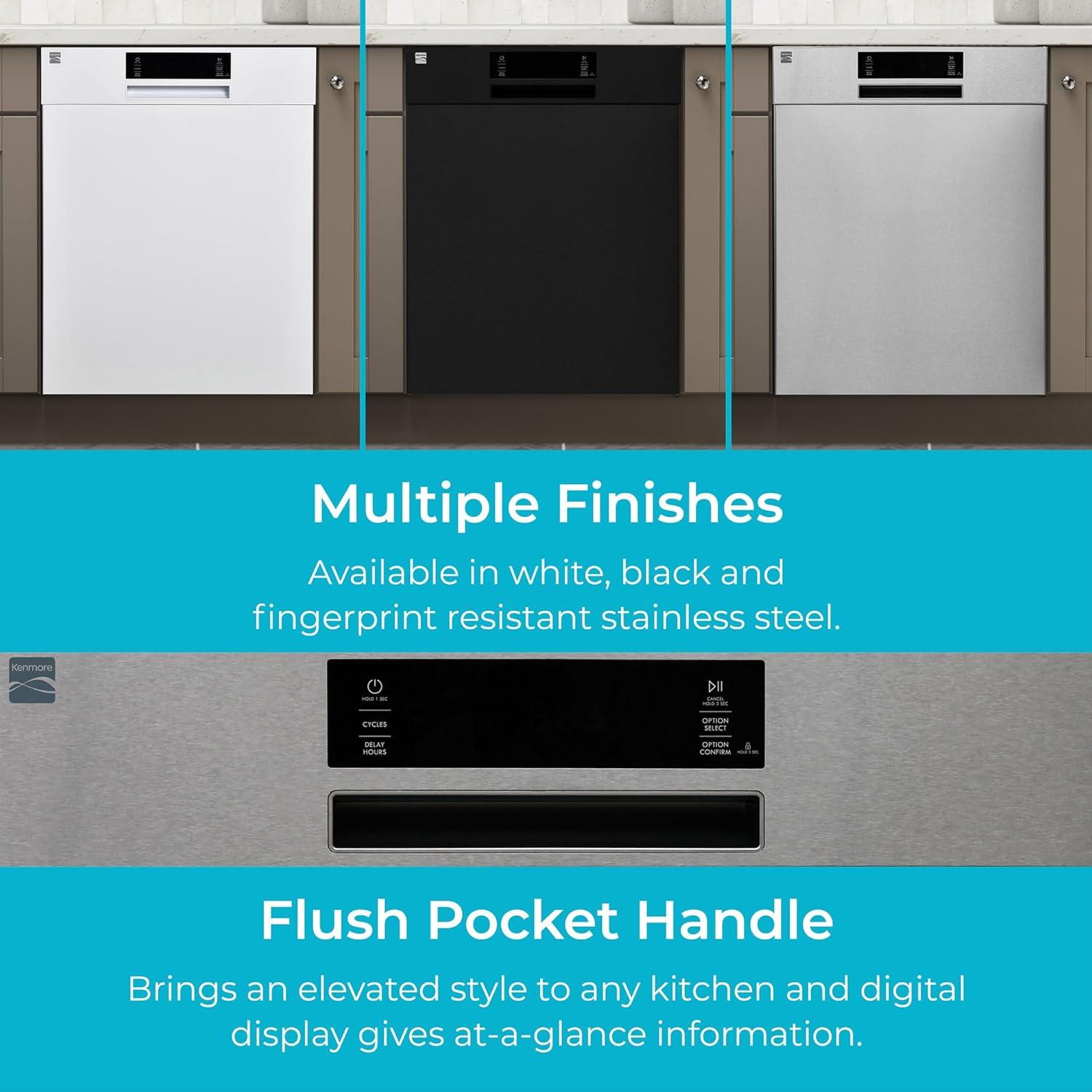 Kenmore 24" Built-In Stainless Steel Tub Dishwasher with EasyFlex 3rd Rack, SmartWash, UltraWash Plus, TurboDry, and MoreSpace Adjustable Rack, Energy Star Certified, Black