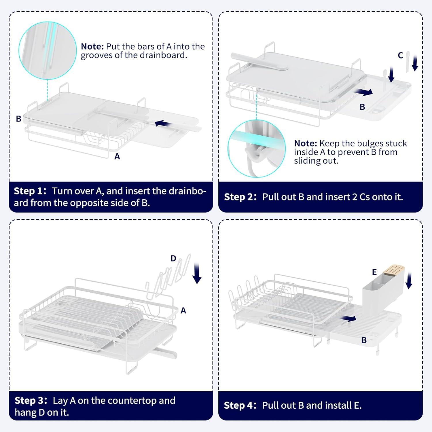 Large Dish Drying Rack - Extendable Dish Rack, Multifunctional Dish Rack for Kitchen Counter, Anti-Rust Drying Dish Rack with Cutlery & Cup Holders 19.2"-26.7" L x 12.9" W, Black