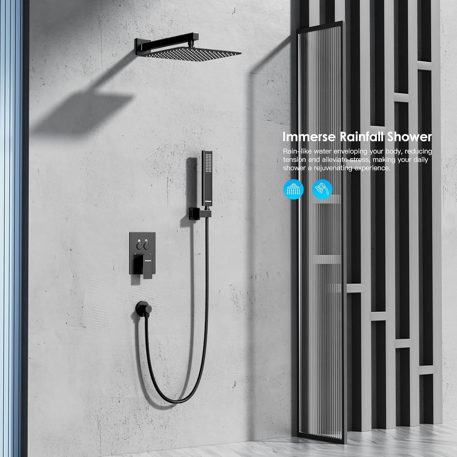 Shower System Shower Faucet Set with Push-Button Diverter and Wall Supply Elbow 10 Inch Shower Head Matte Black
