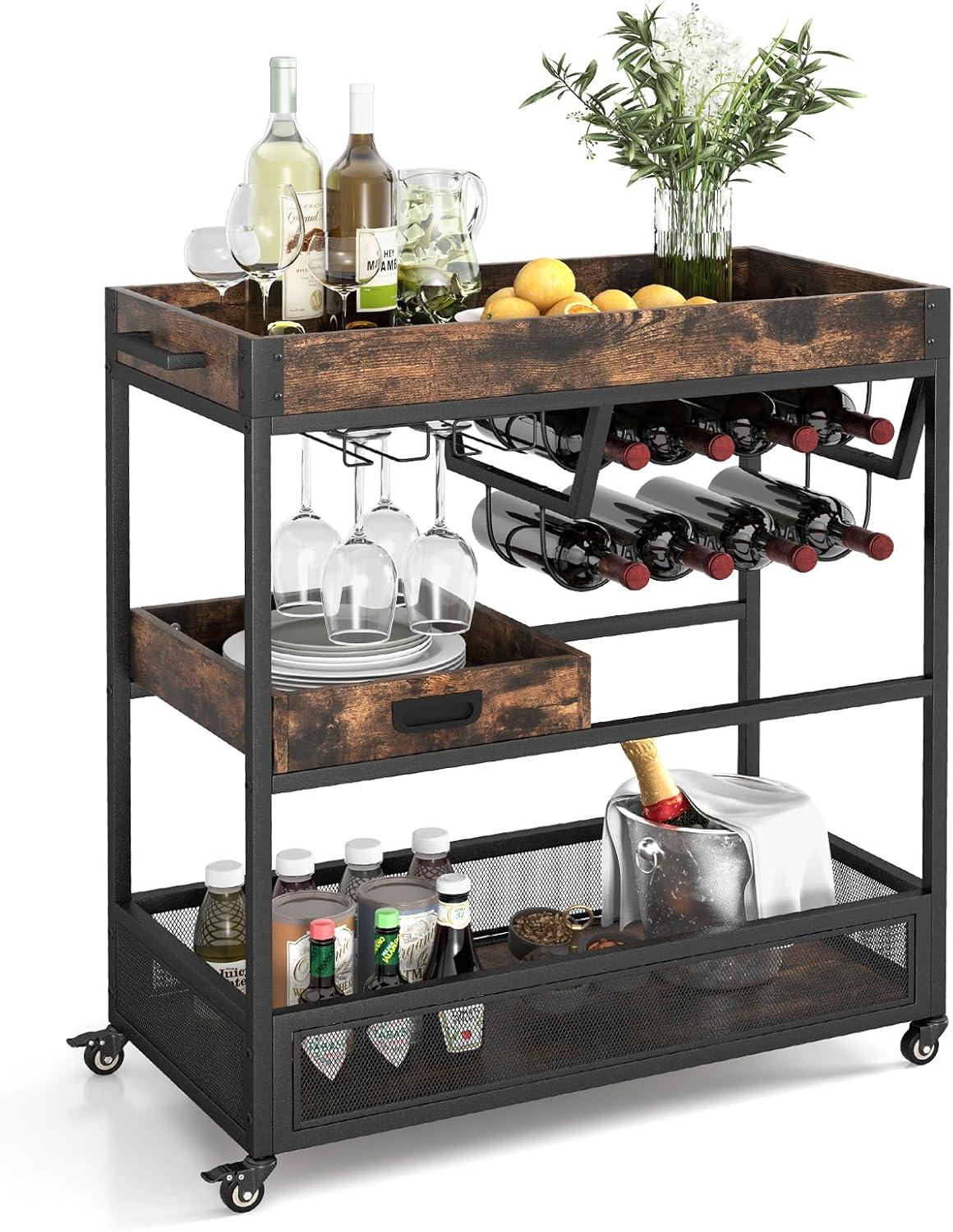 Giantex -Tier Rolling Bar Cart, Industrial Buffet Serving Trolley Cart w/Wine Rack, Stemware Rack & Removable Tray, Mobile Liquor Beverage Cart